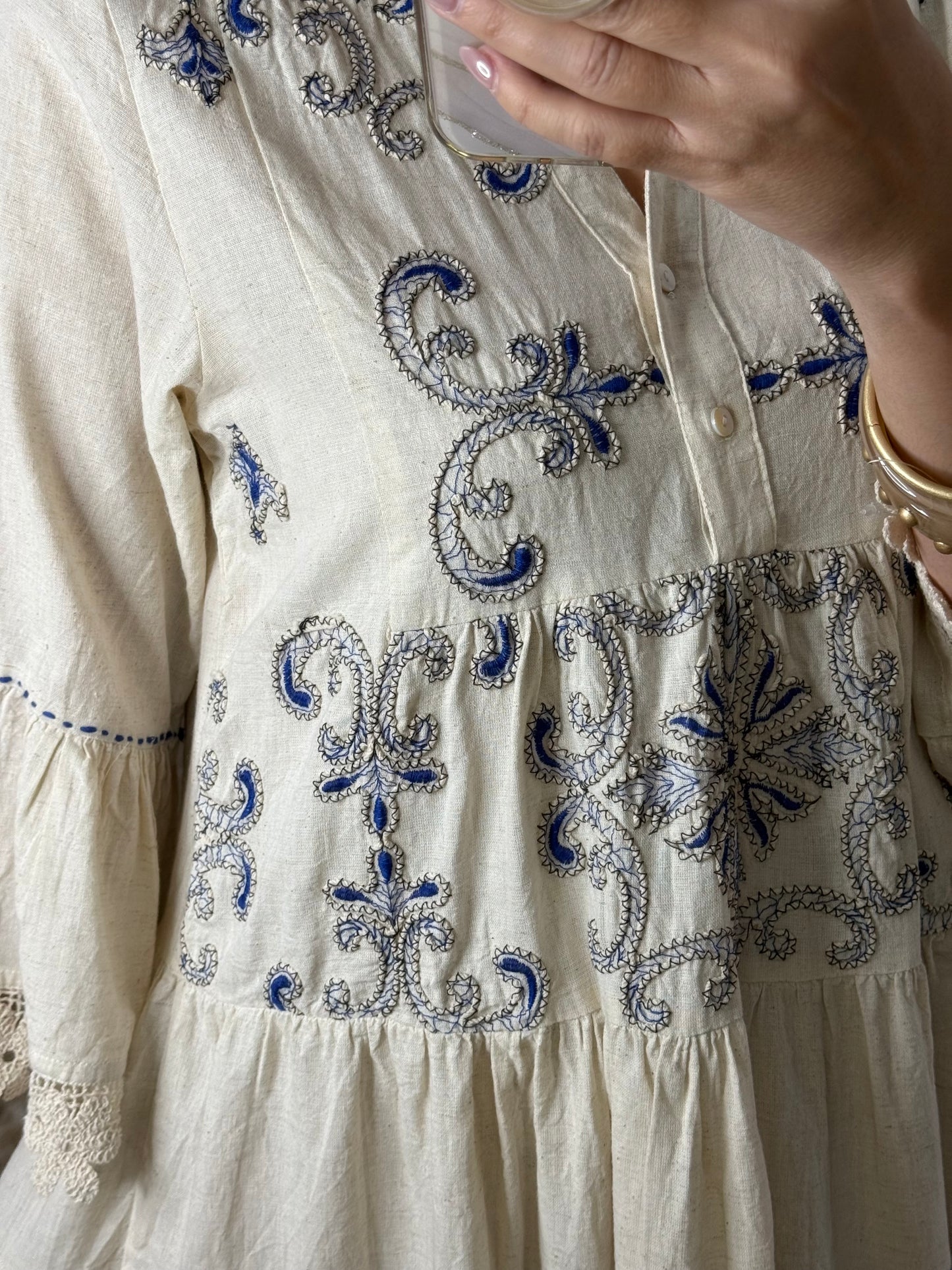 Natural and Blue Embroidered Boho Mini Dress