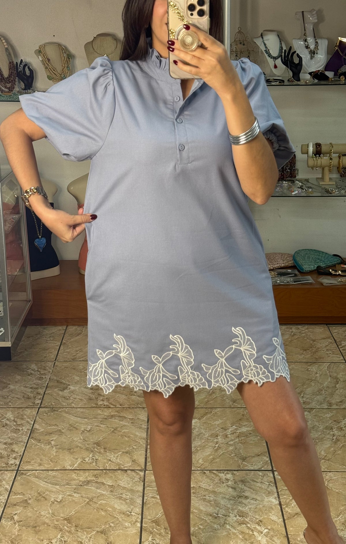 Bubble Sleeve Ruffled Neck Mini Dress