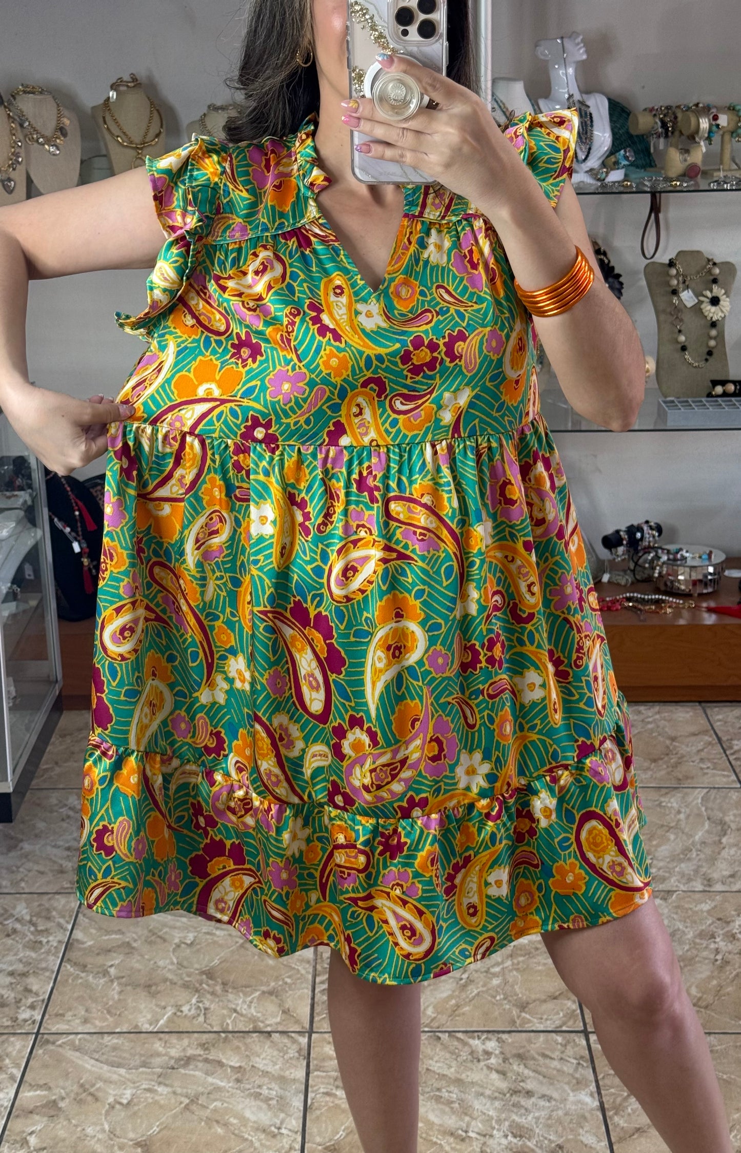 Green Paisley Floral Ruffled Sleeves Dress