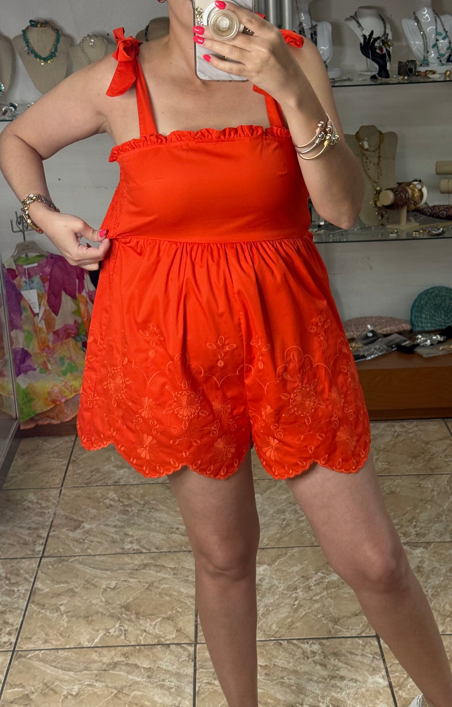 Tomato Red Embroidered Romper