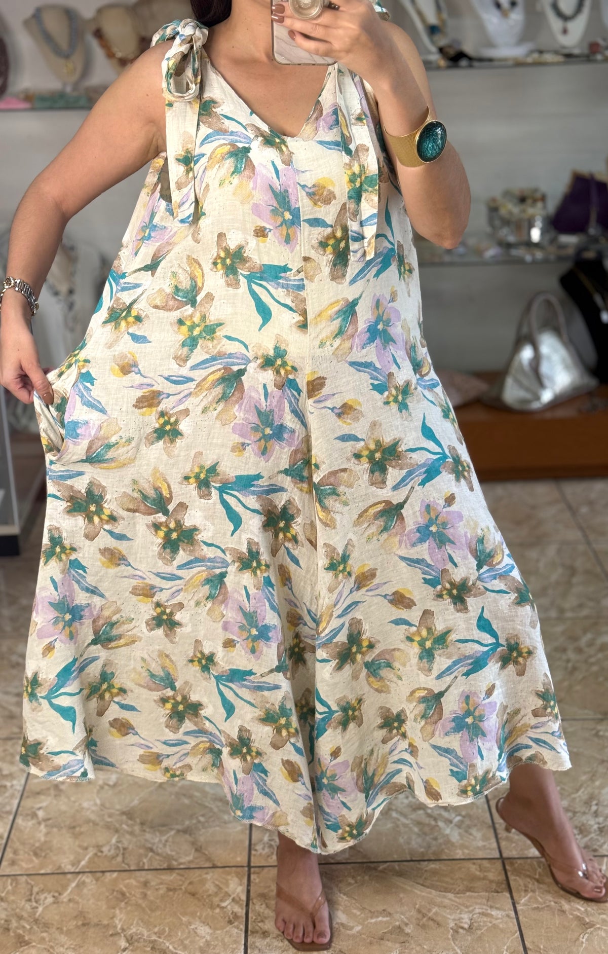 OS Pastel Floral Linen Jumpsuit (NO RETURNS OR EXCHANGE)