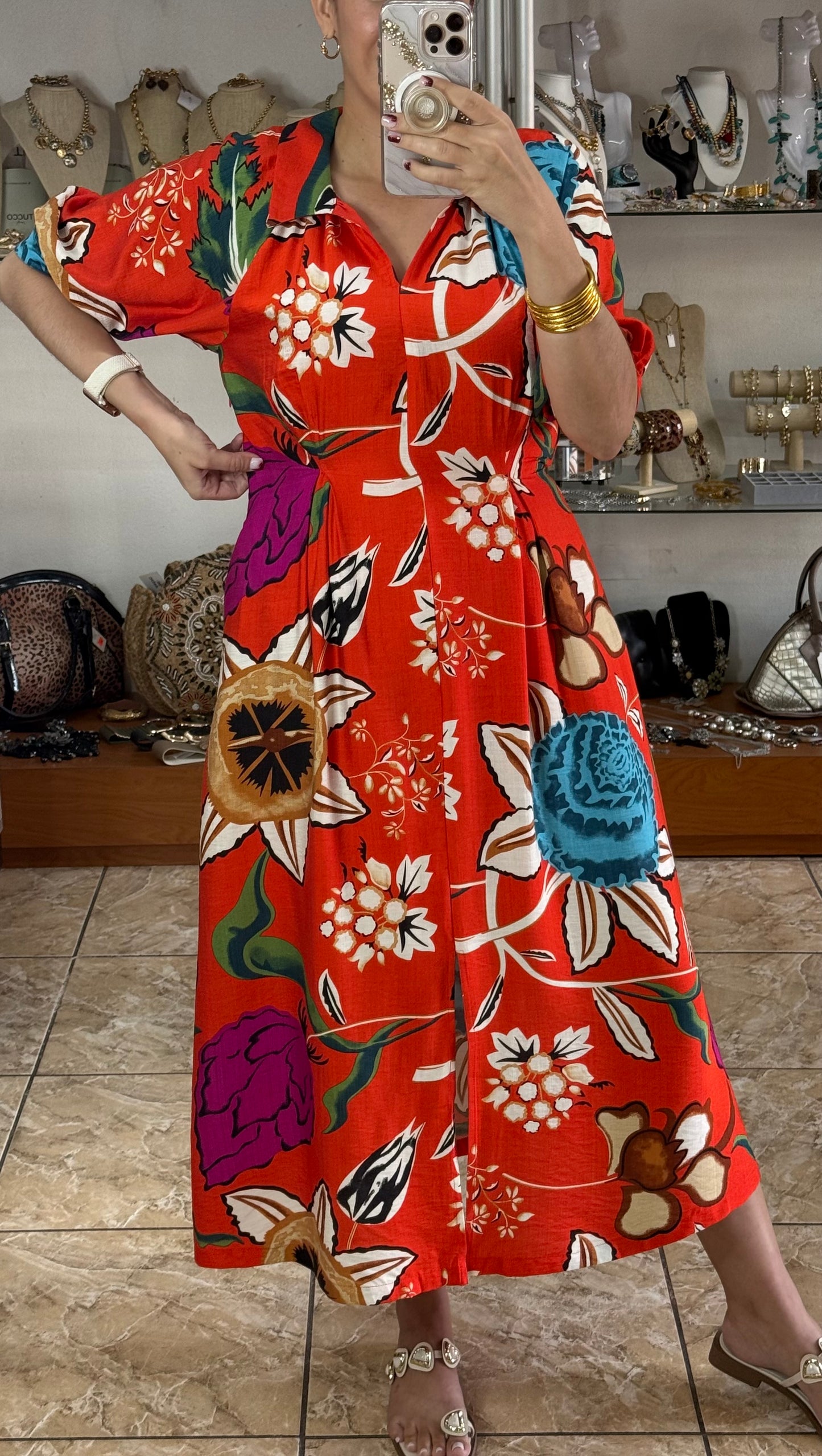 Orange Floral Midi Dress
