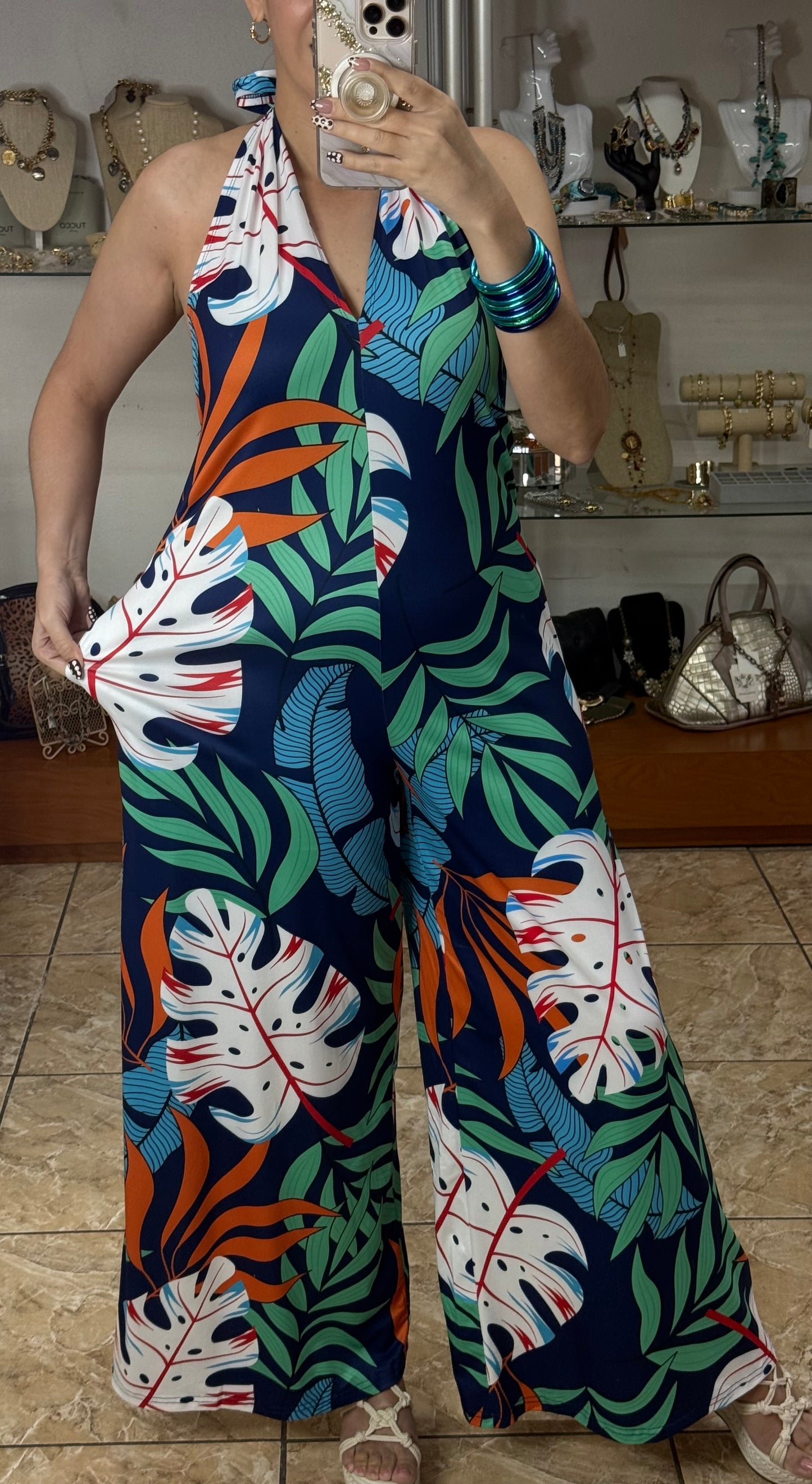 Navy Mix Leaves Jumpsuit (Open Back)