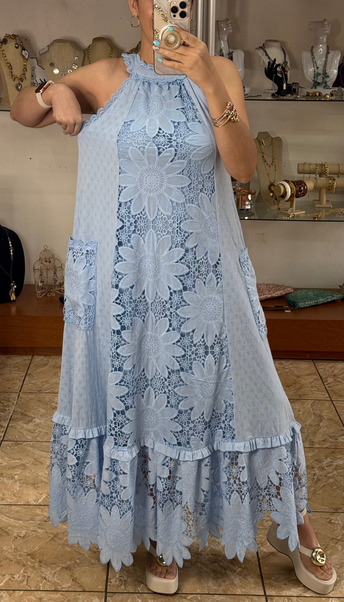 Light Blue Halter Floral Maxi Dress