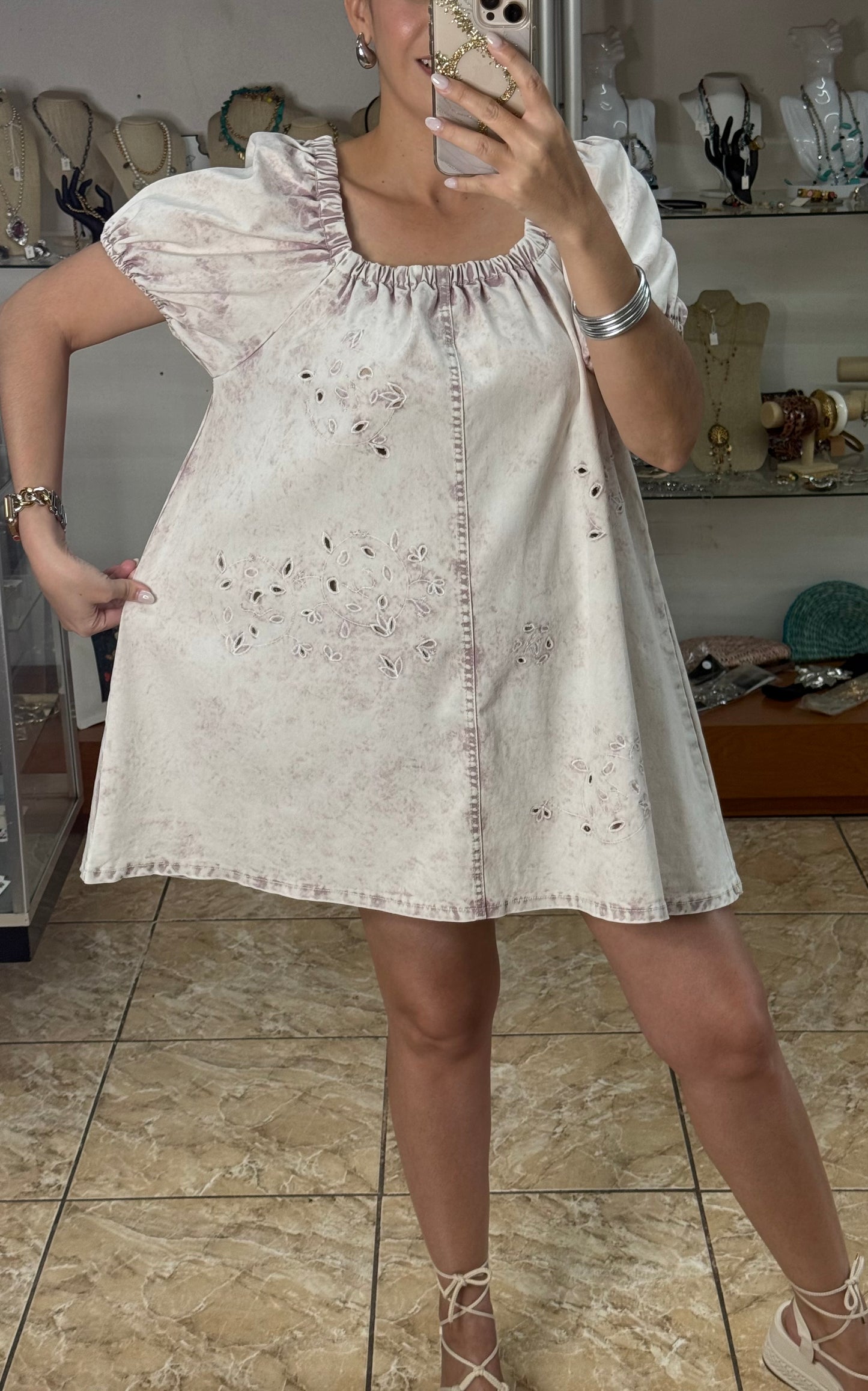 Eyelet Denim Wash Mini Dress