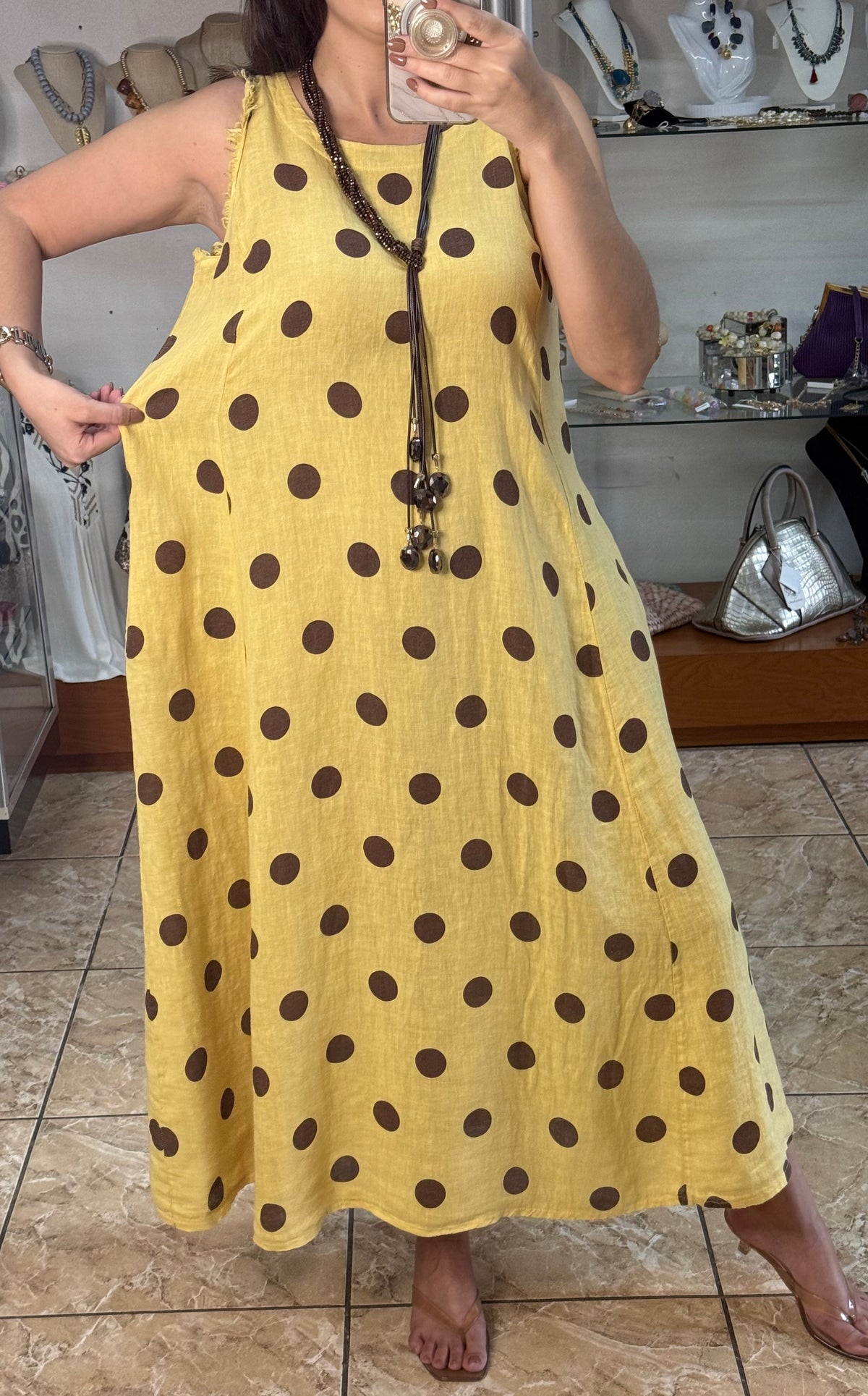 OS Linen Sleeveless Polka Dots Dress (NO RETURNS OR EXCHANGE)
