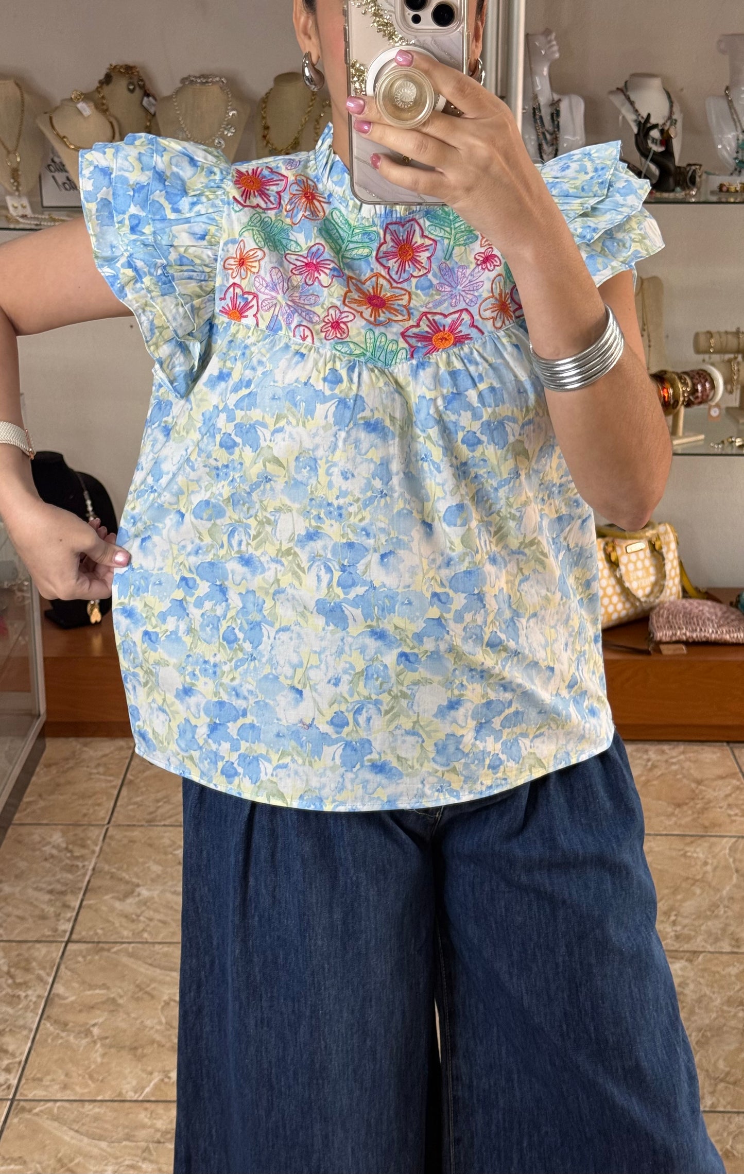 Blue Floral Embroidered Top