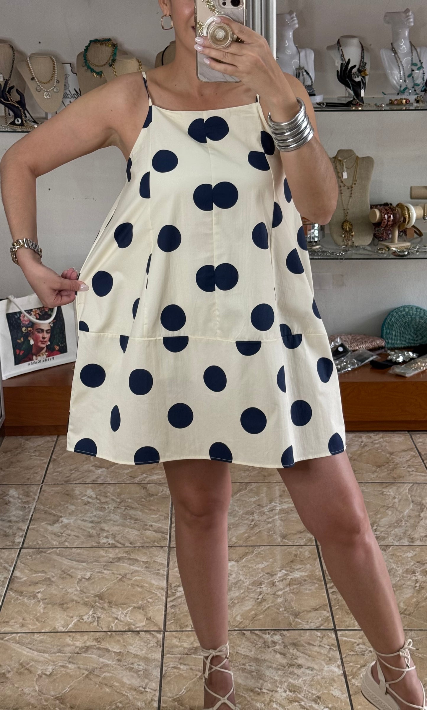 Cream/Navy Big Polkadots Mini Dress