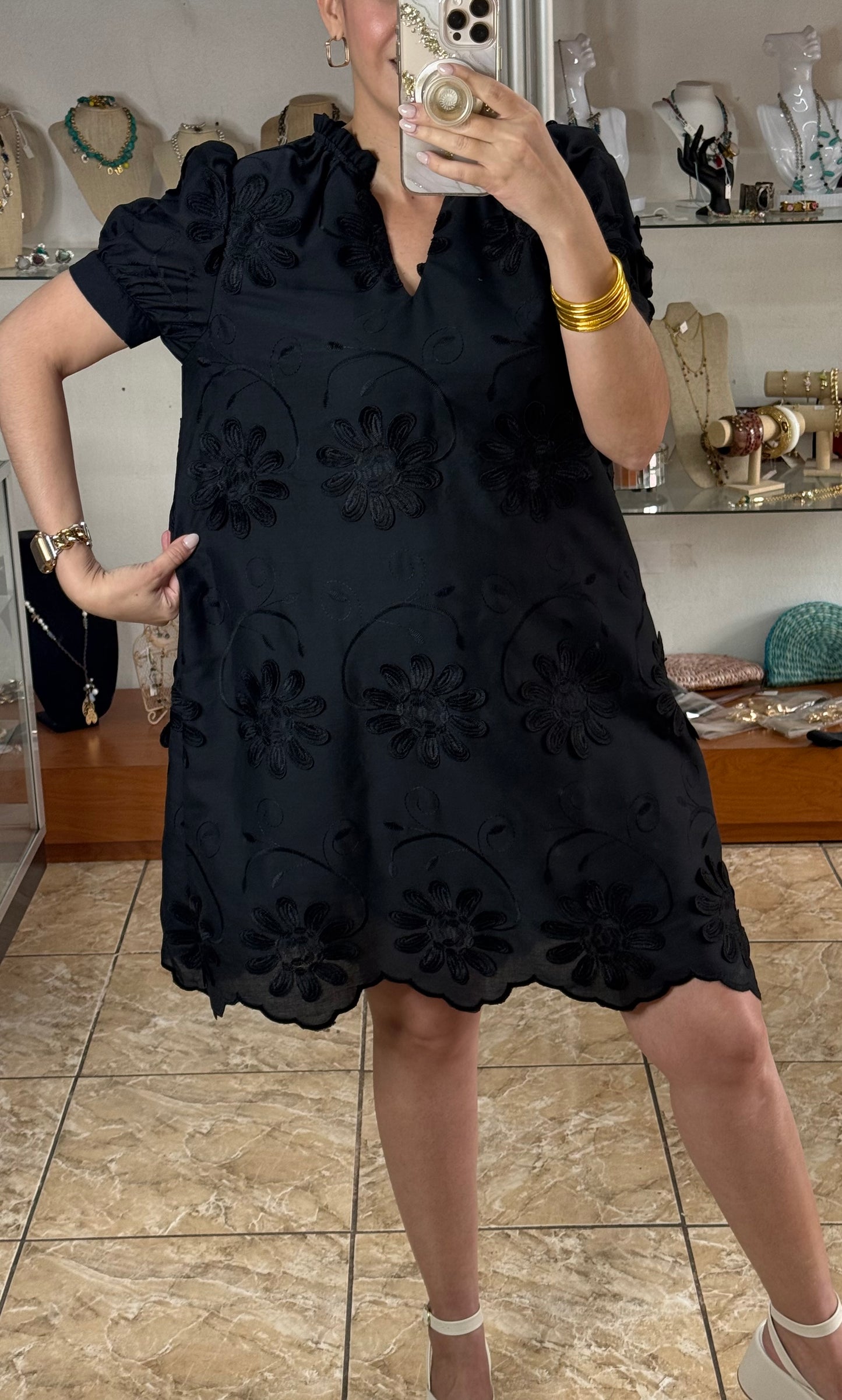 Black Floral Appliqué Embroidered Dress