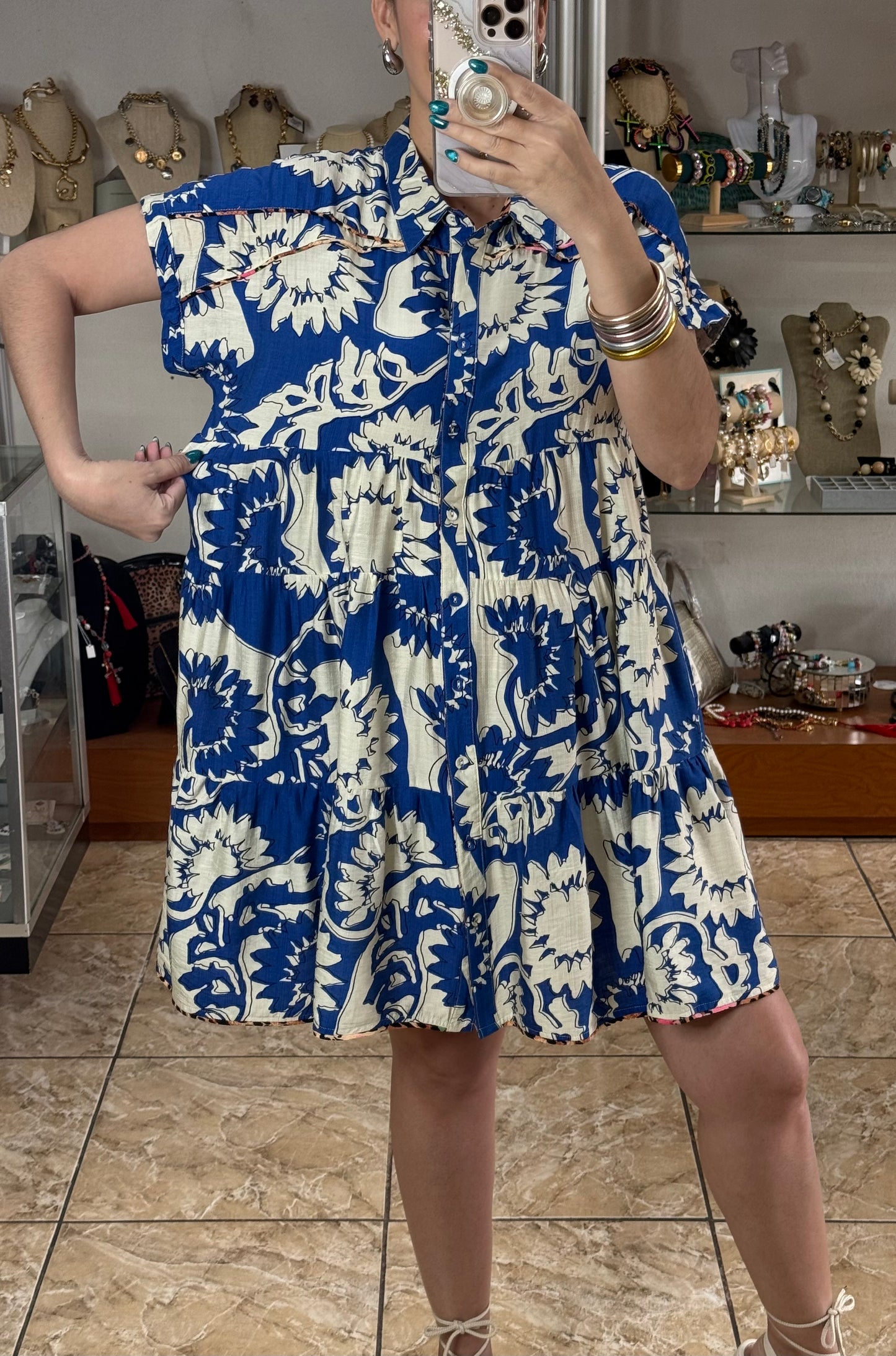 White/Blue with Leopard Detail Dress