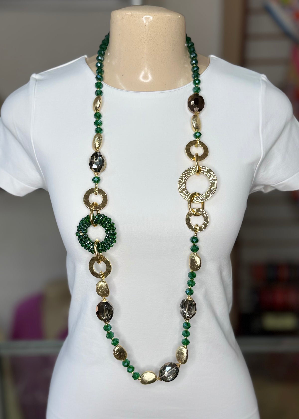 Green & Gold Beads Long Necklace (FINAL SALE)
