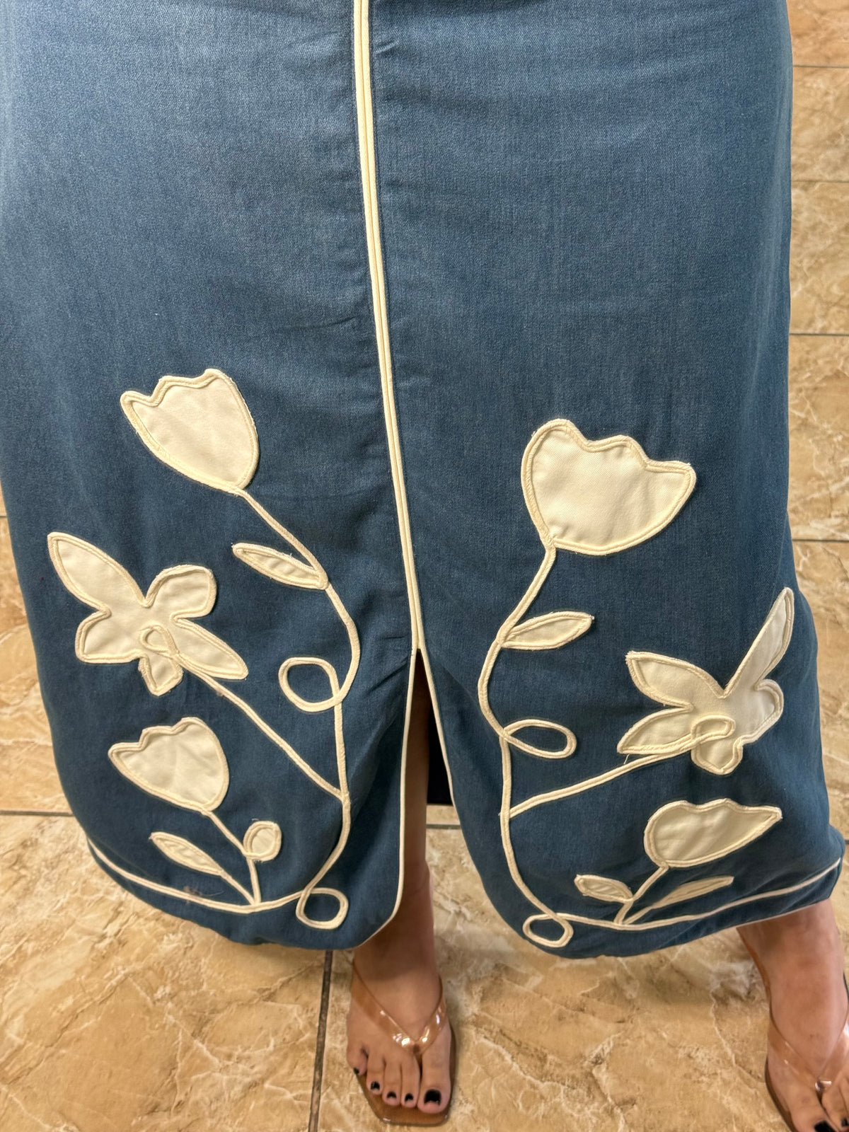 Floral Appliqué Denim Midi Dress