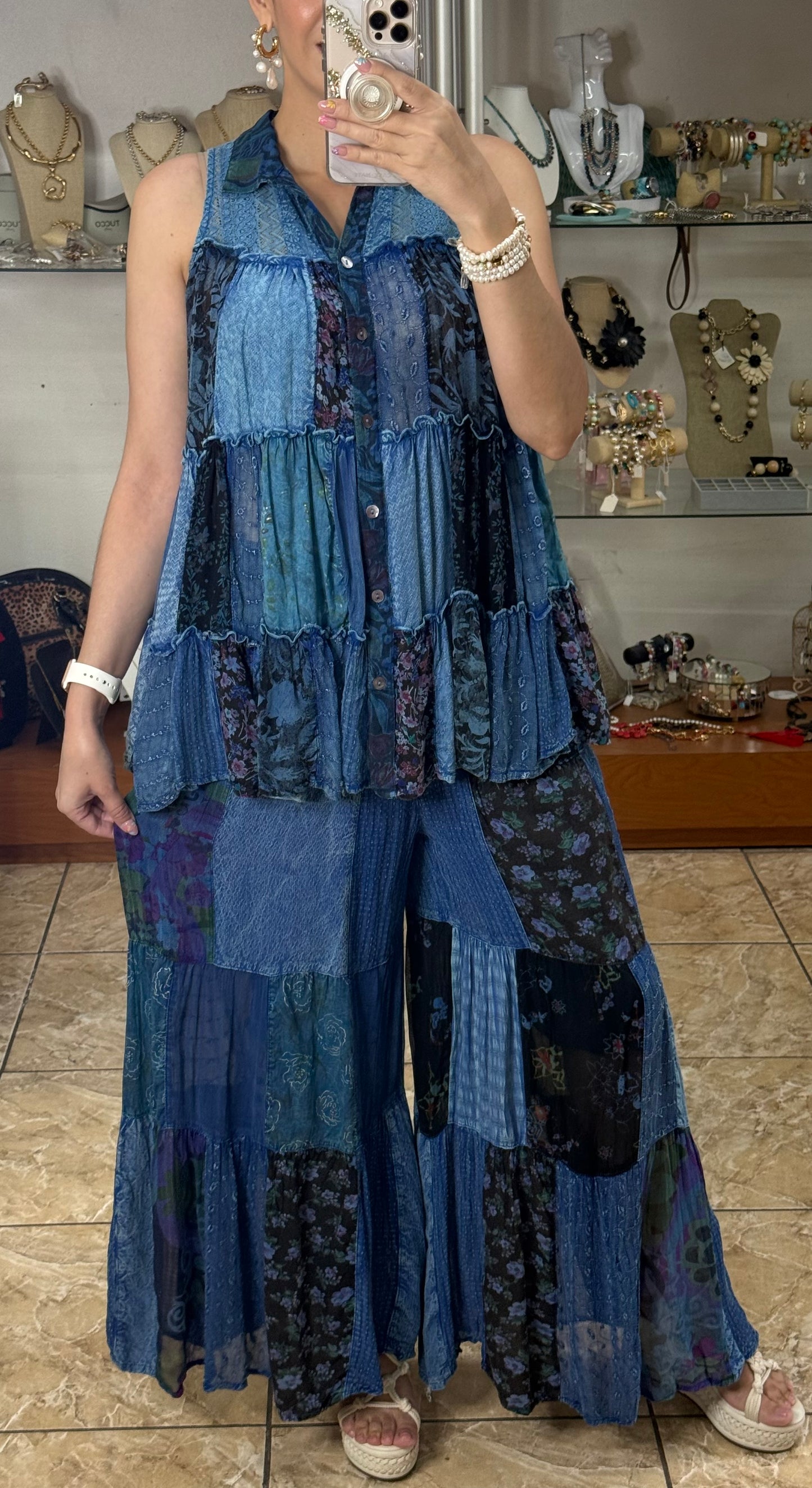 Blue Patches Boho Top and Pant Set (FINAL SALE)