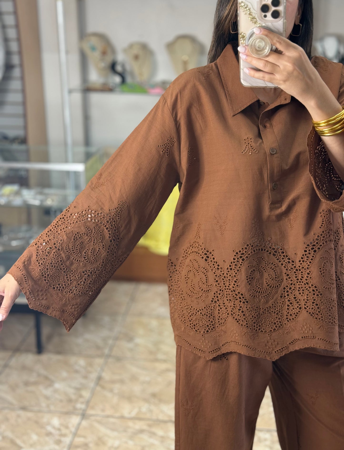Chocolate Embroidered OS Pant Set (NO RETURNS OR EXCHANGE)