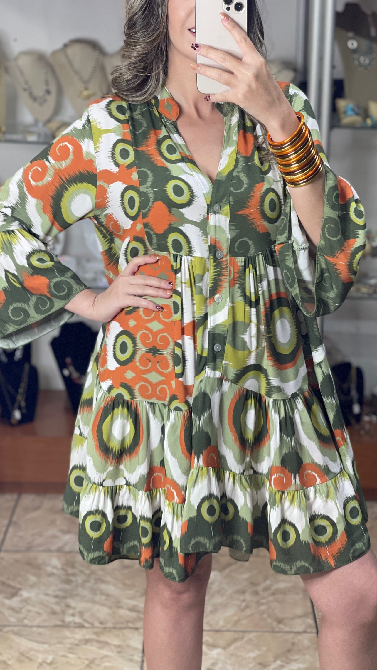 Geometric Green/Orange OS Dress