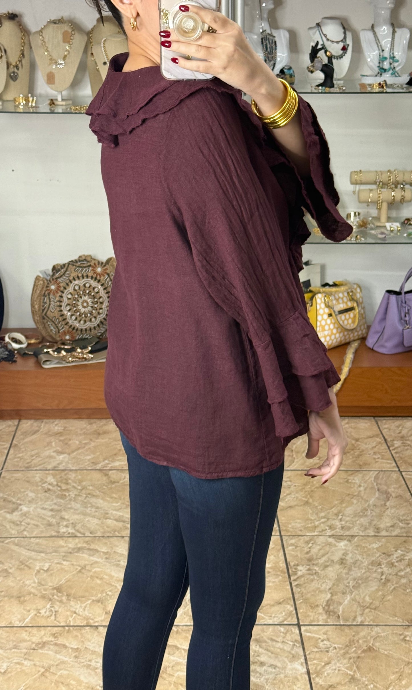 OS Long Sleeve Ruffled Linen Top (FINAL SALE)