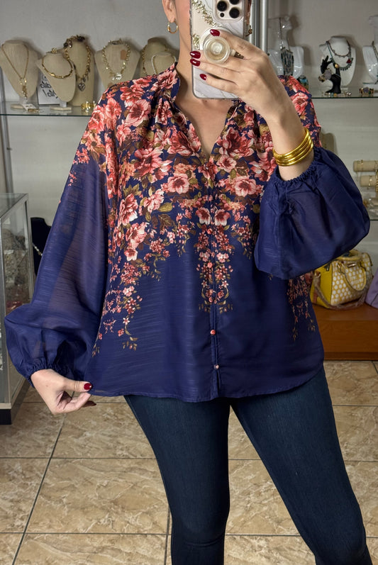 Navy Floral Button Down Top