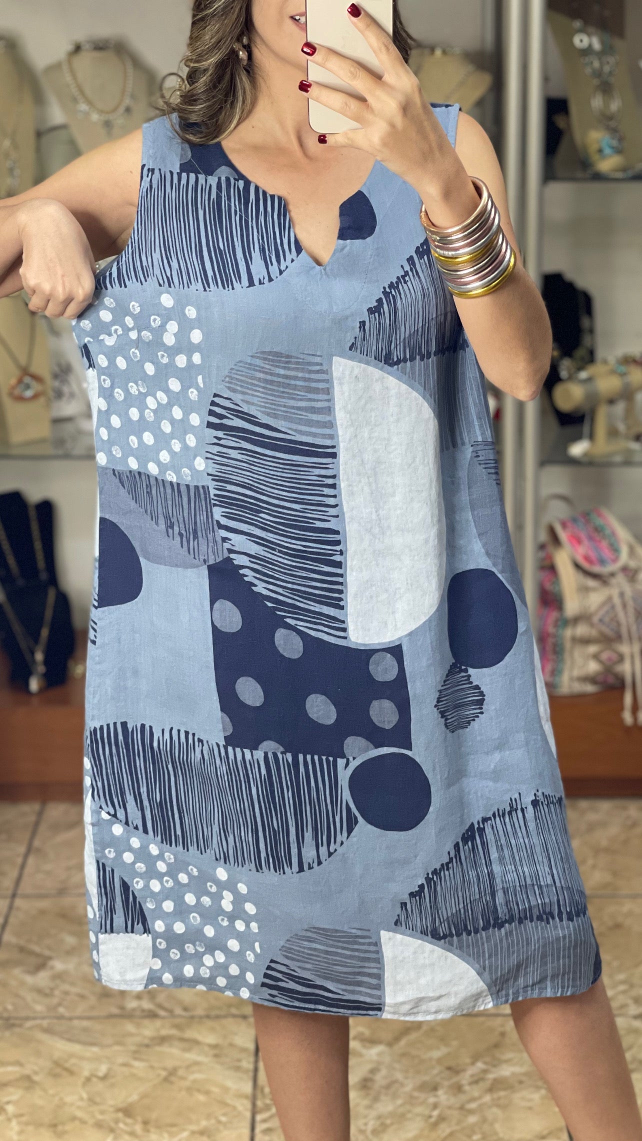 Sleeveless OS Geometric Linen Dress