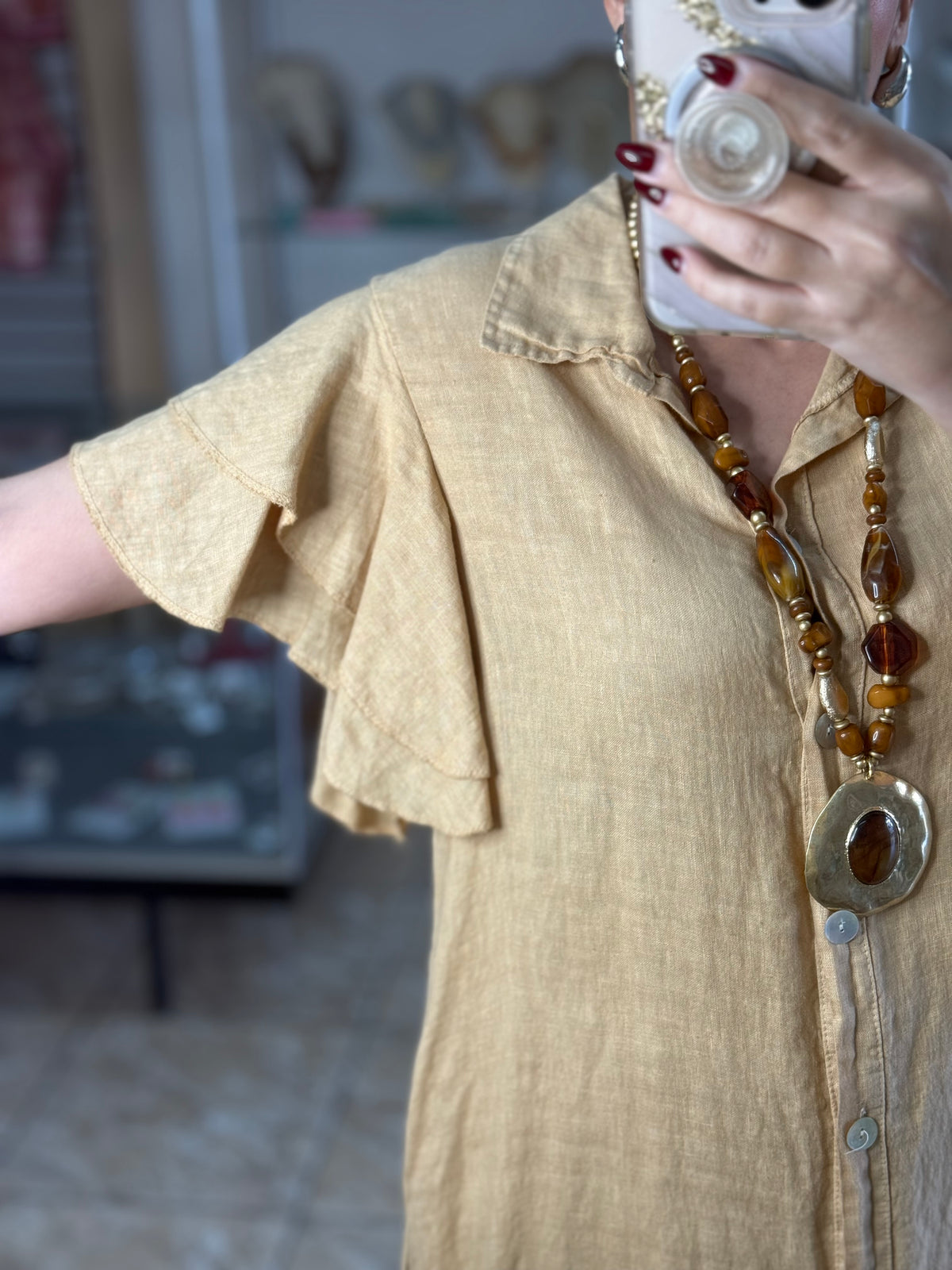 OS Ruffle Sleeves Button Down Linen Dress (NO RETURNS OR EXCHANGE)