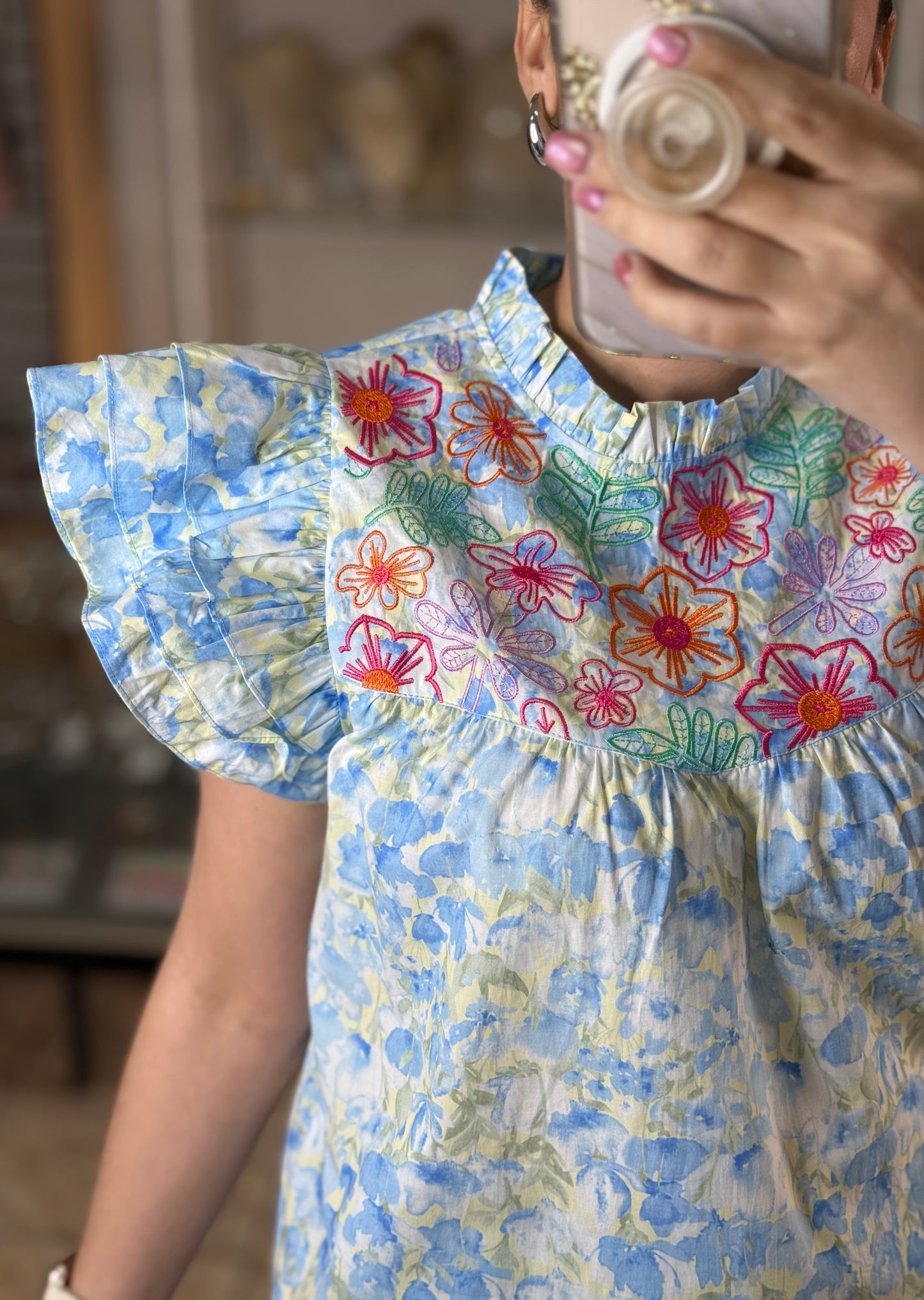 Blue Floral Embroidered Top