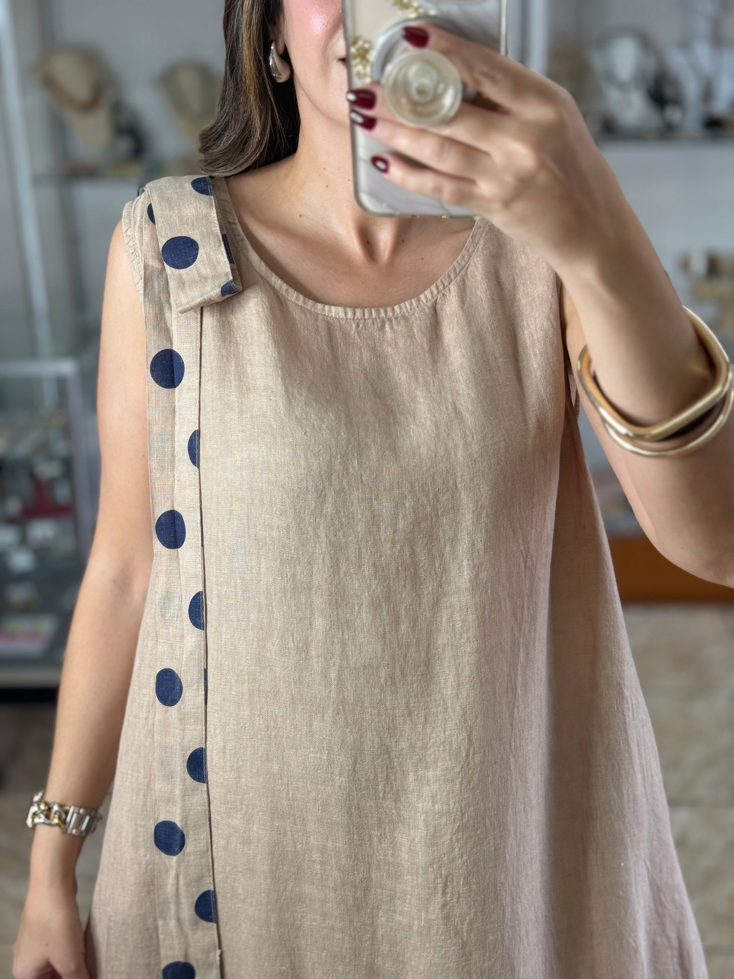 Navy Polkadots OS Linen Short Dress (NO RETURNS OR EXCHANGE)