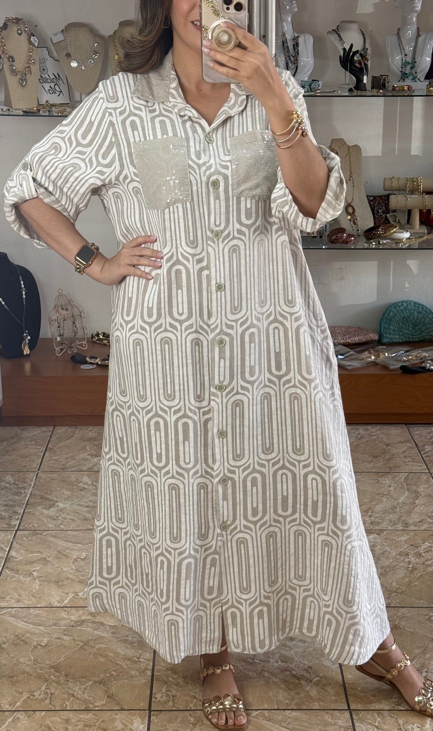 OS Geometric Linen Maxi Dress (NO RETURNS OR EXCHANGE)