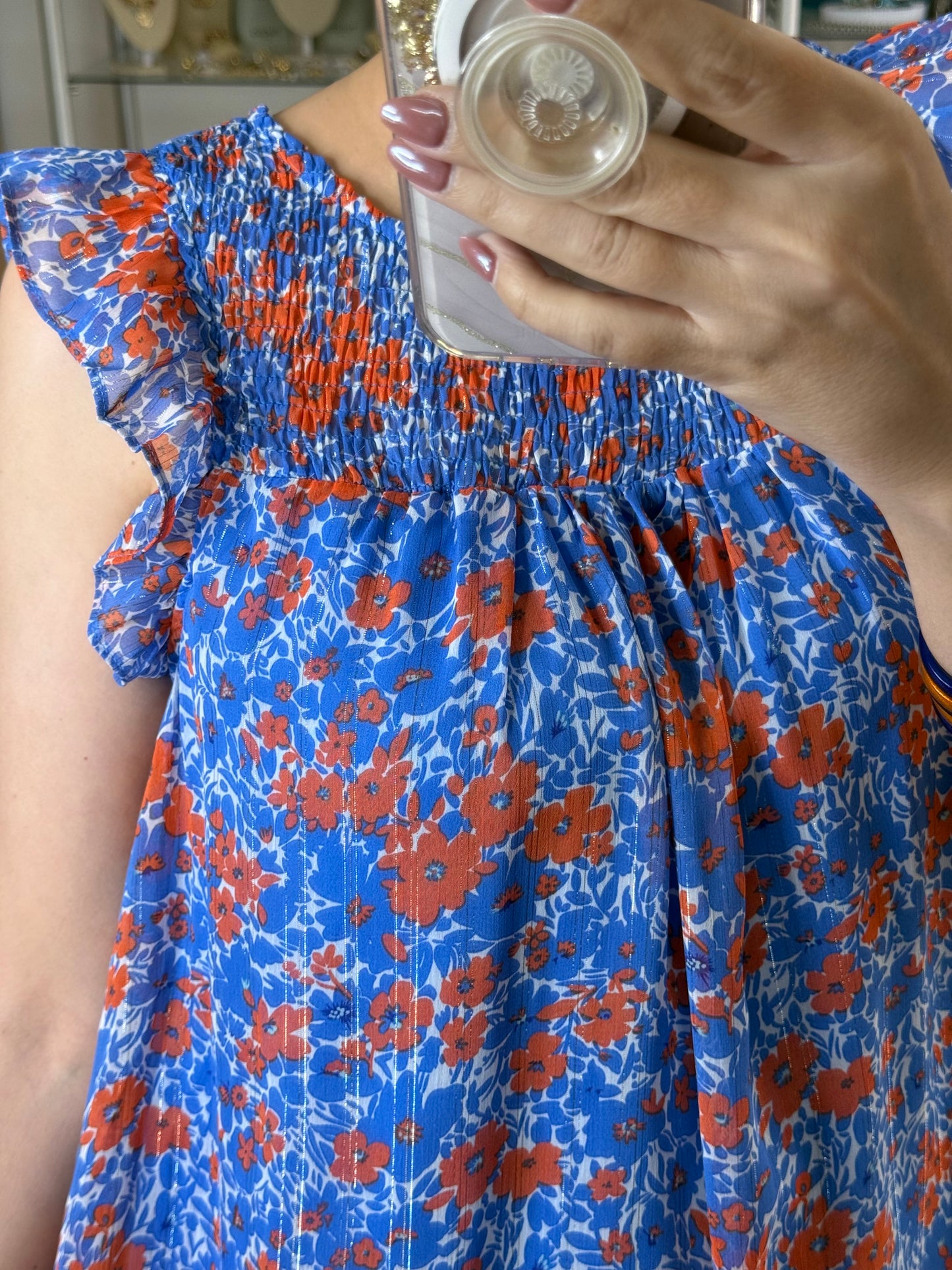 Blue/Orange Floral Sleeveless Dress