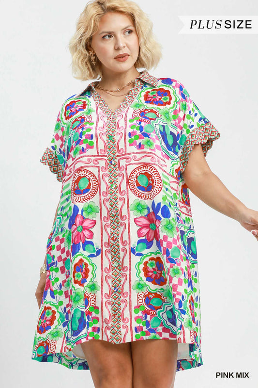 Pink Mix Mediterranean Print Dress (PLUS)
