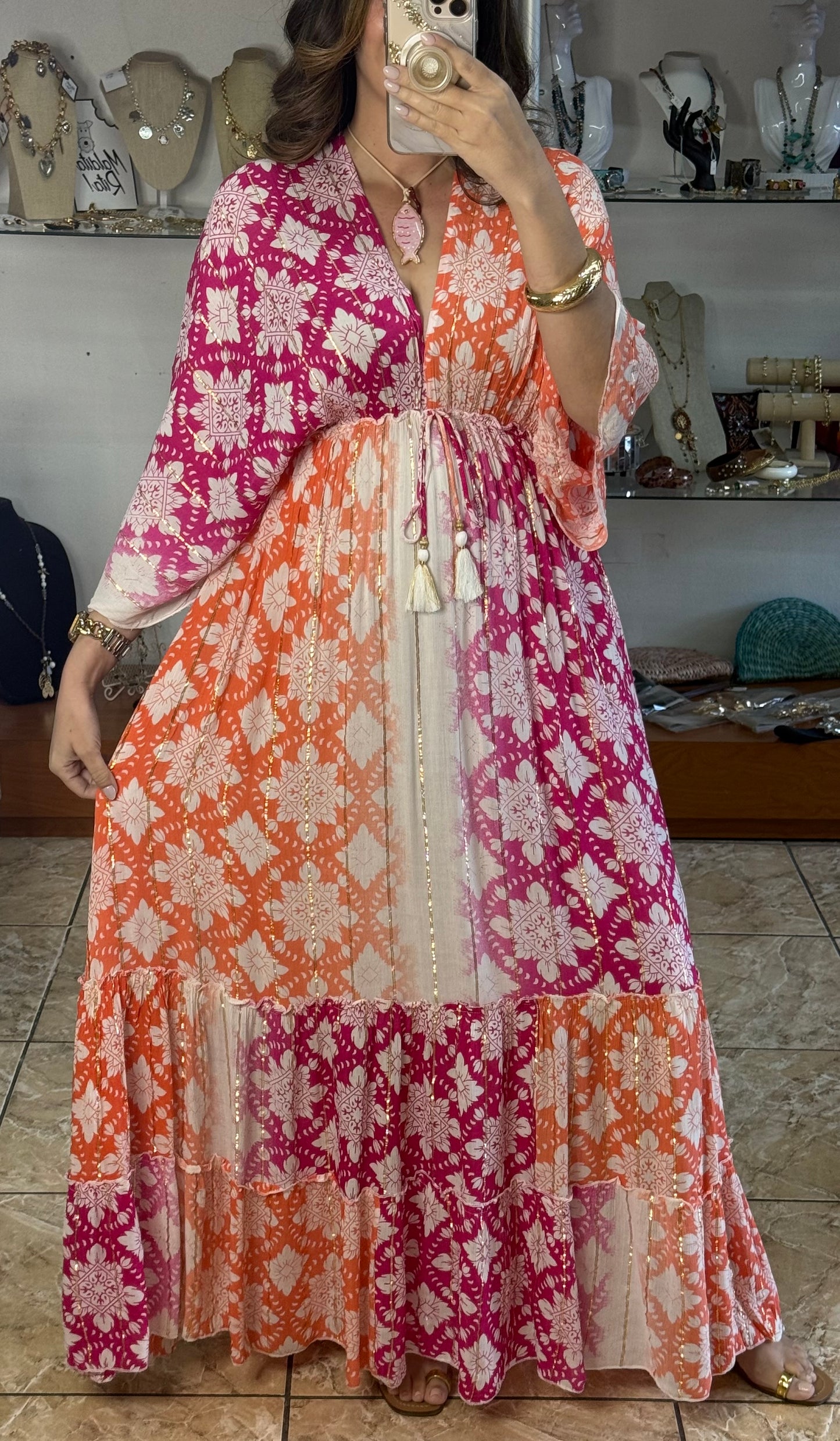 Pink/Orange OS Boho Maxi Dress (NO RETURNS OR EXCHANGE)