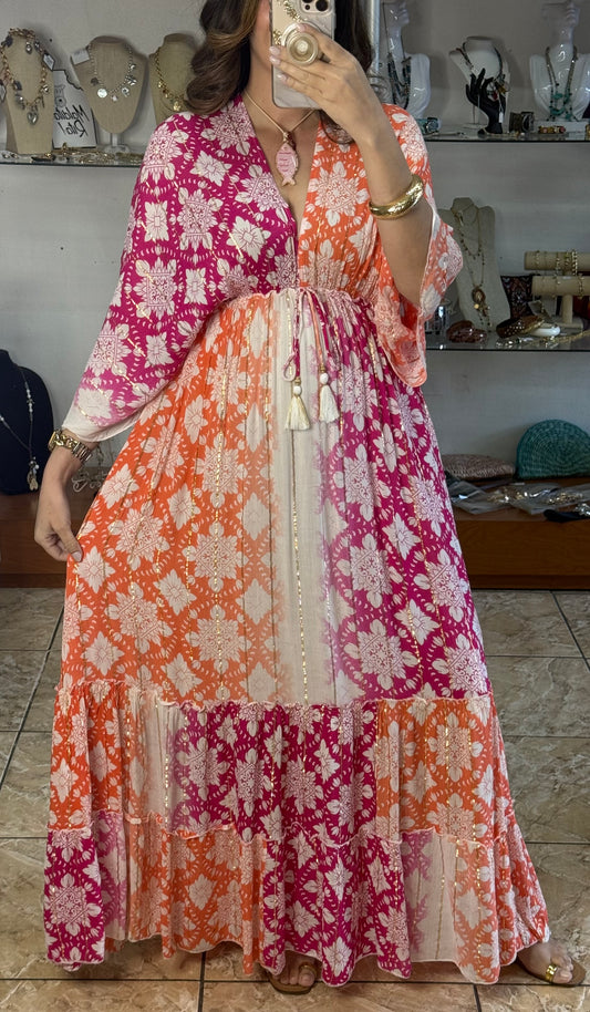 Pink/Orange OS Boho Maxi Dress (NO RETURNS OR EXCHANGE)