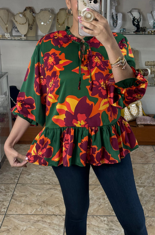 Green Floral Satin Top