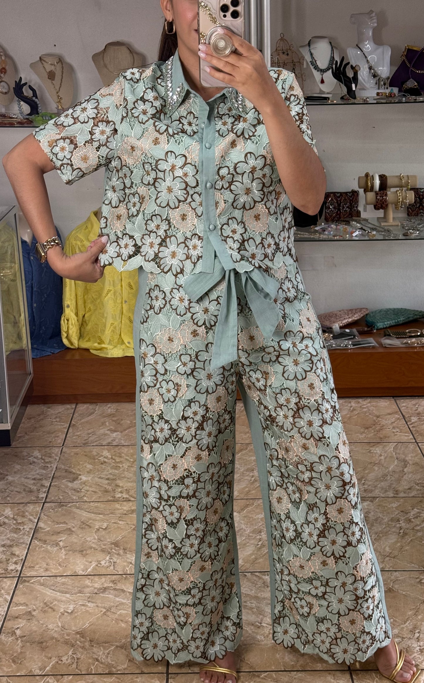 Sage Floral Lace Top & Pant Set