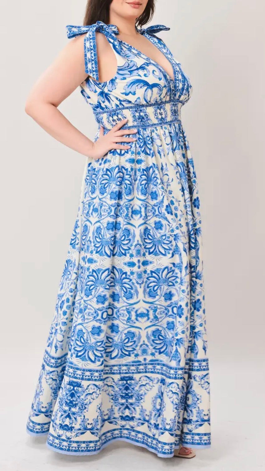 Ivory Blue Printed Maxi Dress (PLUS)