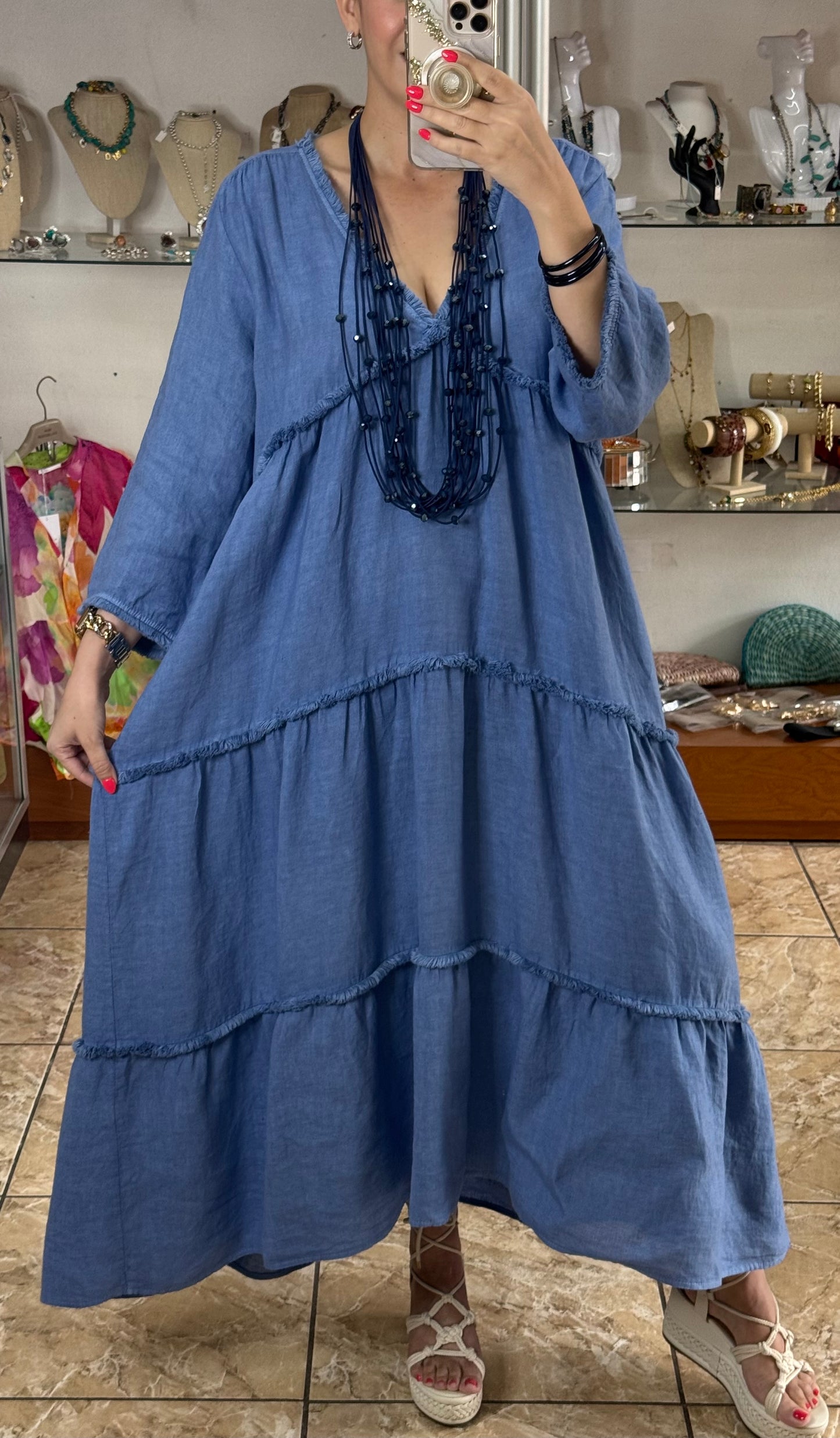 Deep V Neck OS Linen Dress (NO RETURNS OR EXCHANGE)