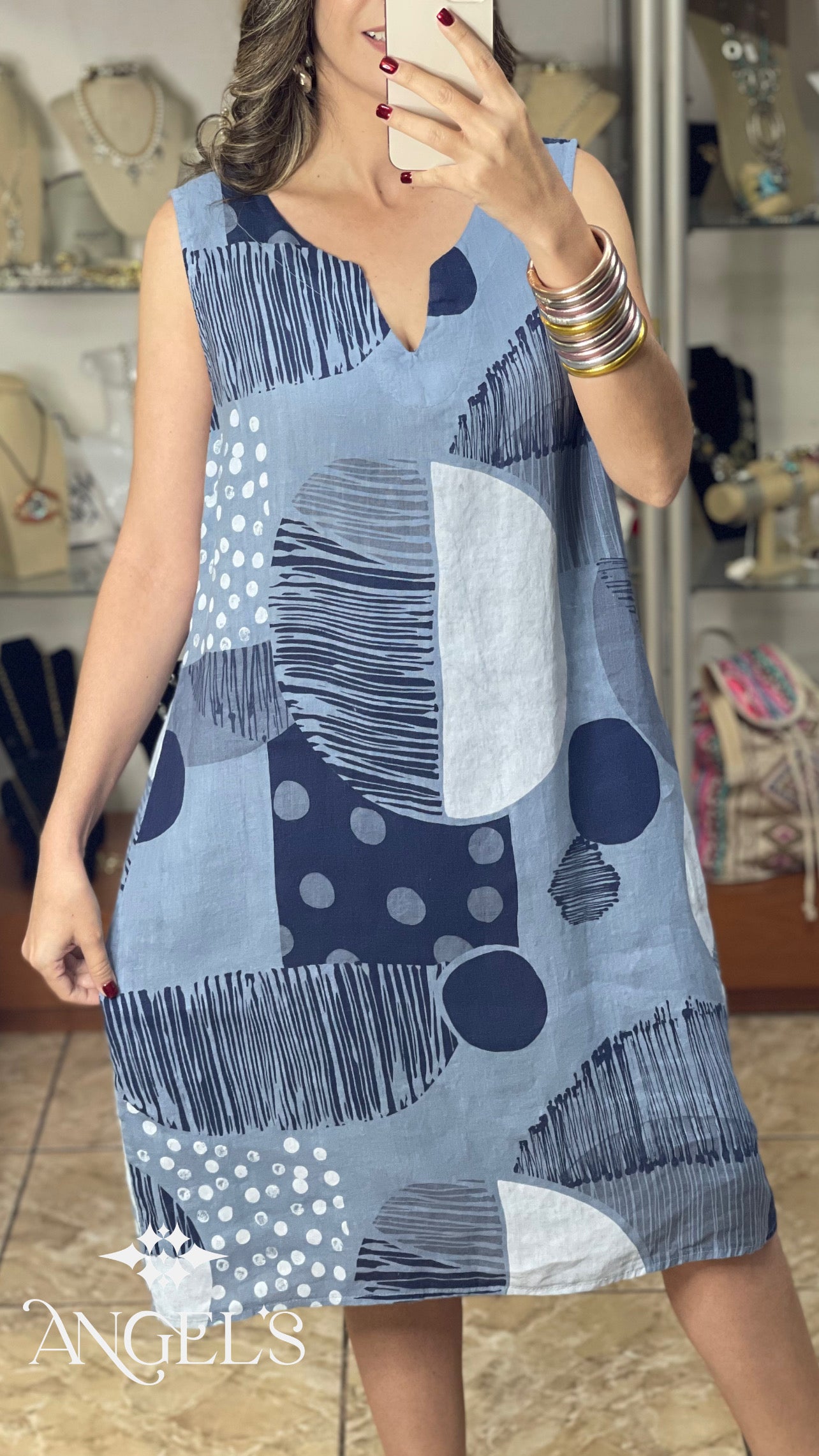 Sleeveless OS Geometric Linen Dress