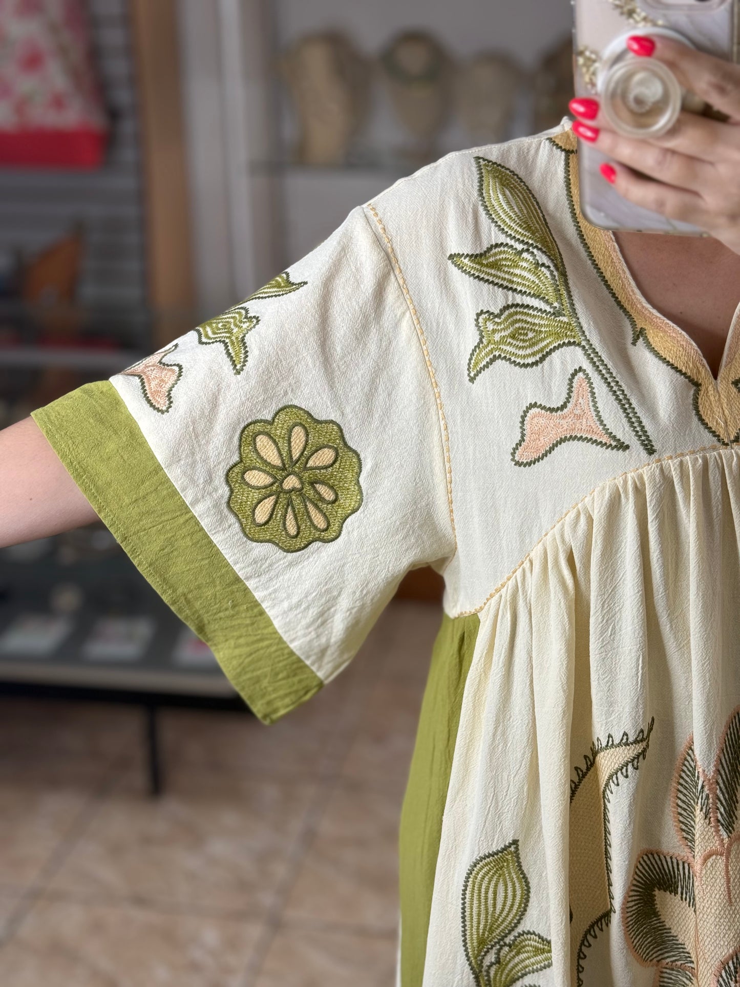 Embroidered Kaftan Mini Dress (Green)