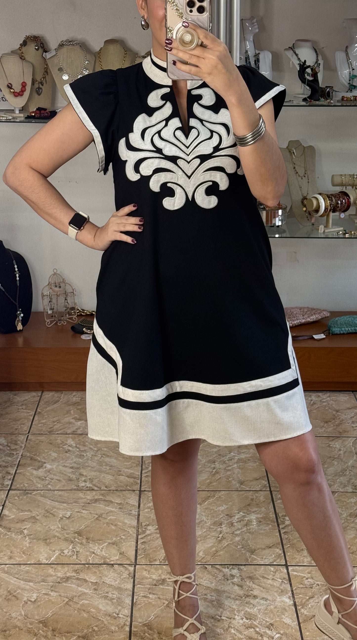 Black Embroidered V-Neck Dress