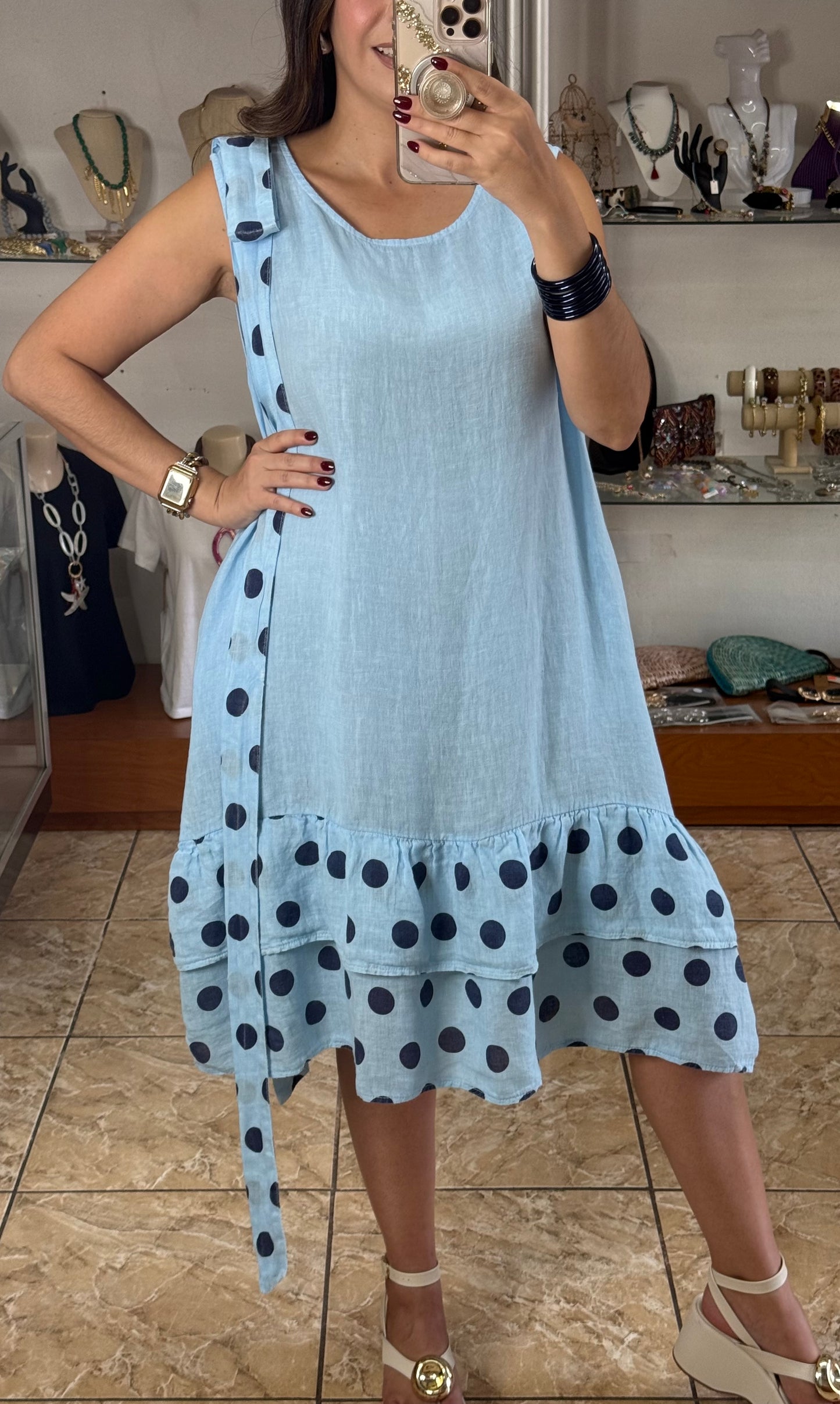 Navy Polkadots OS Linen Short Dress (NO RETURNS OR EXCHANGE)