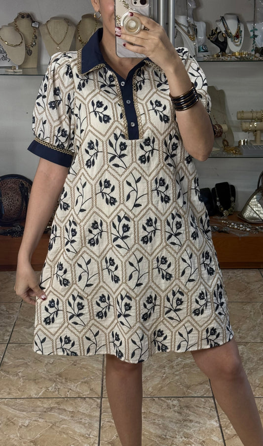 Navy/Cream Floral Embroidered Mini Dress