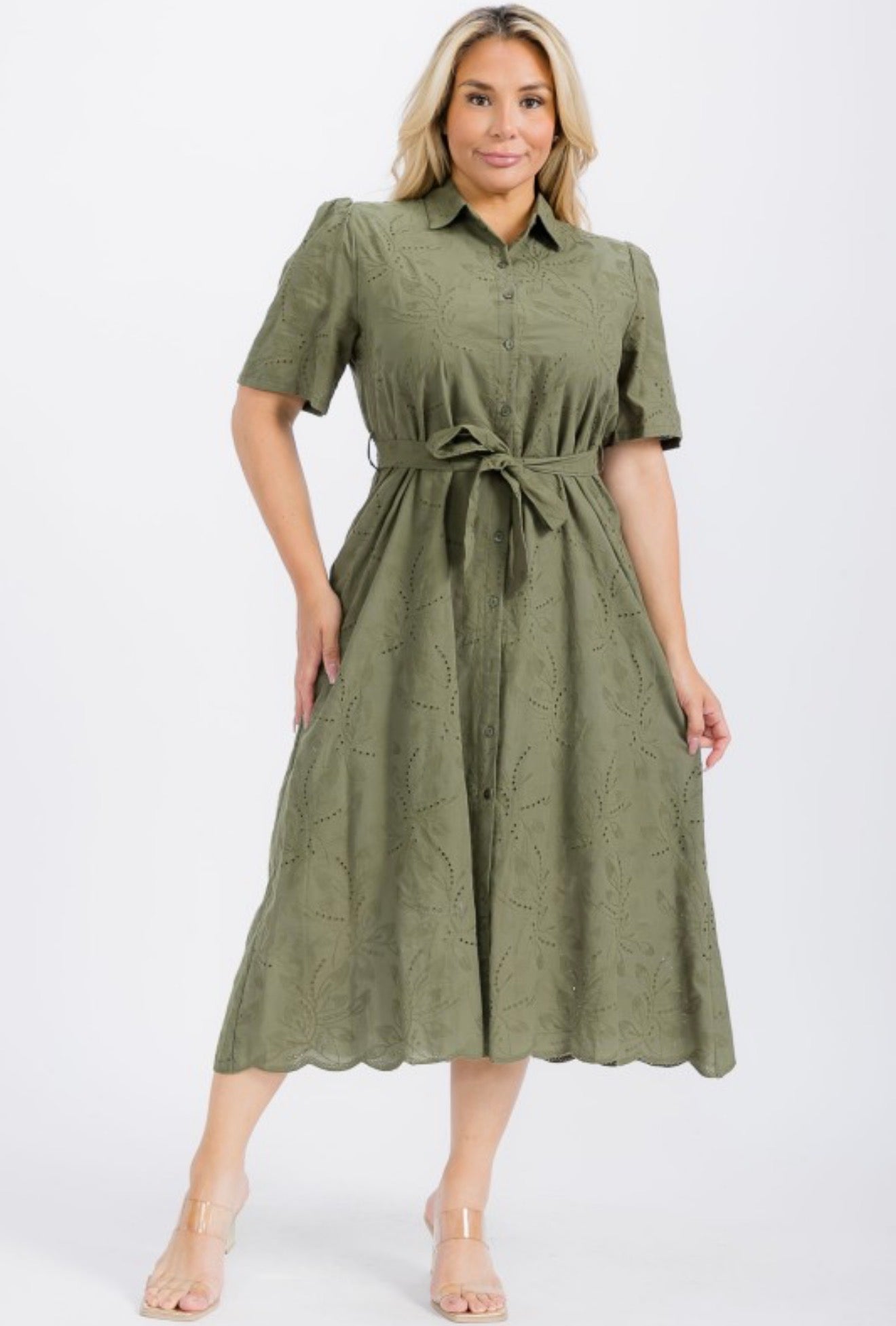 Olive Button Down Eyelet Midi Dress (PLUS)