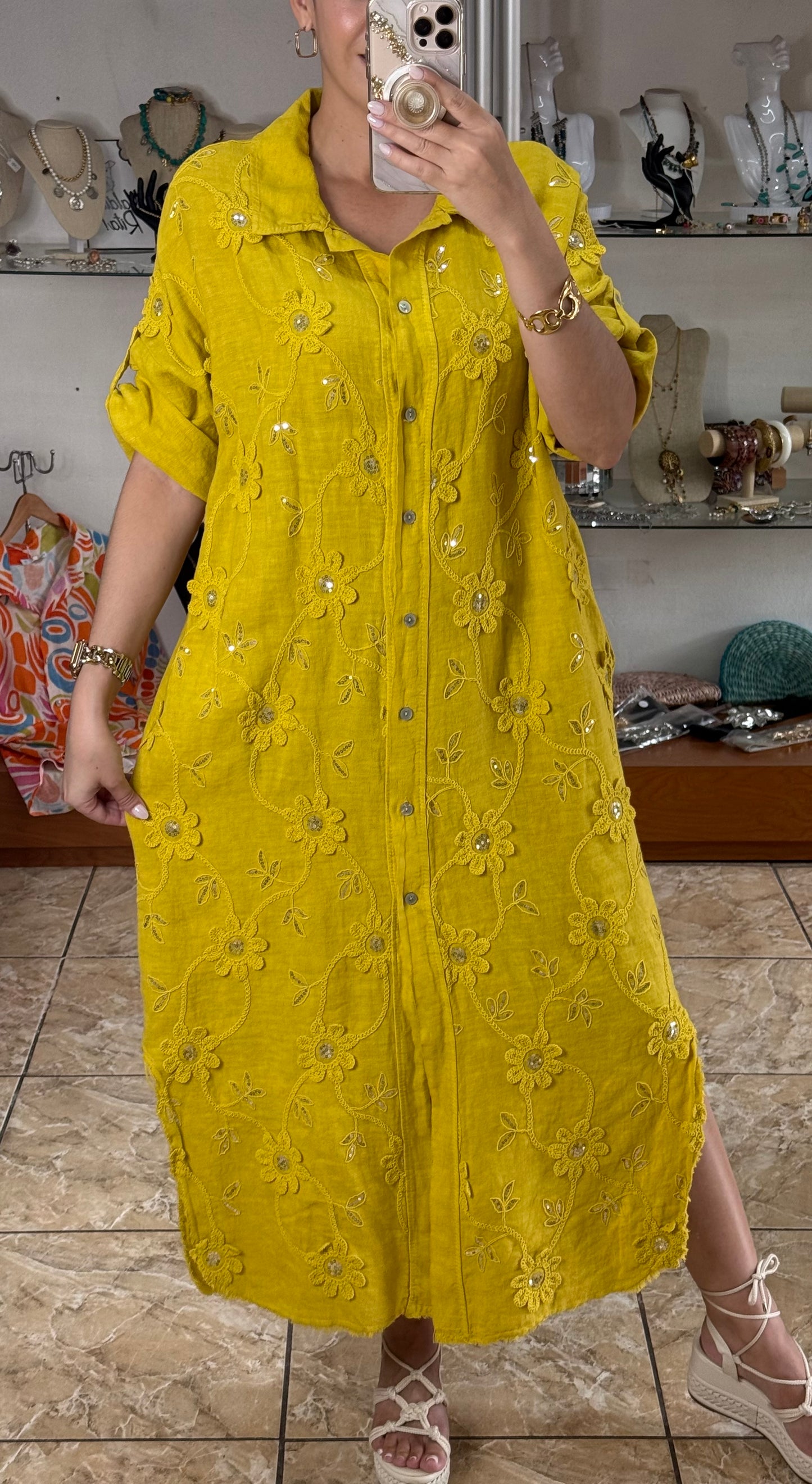 OS Embroidered/Sequins Linen Maxi Dress (NO RETURNS OR EXCHANGE)