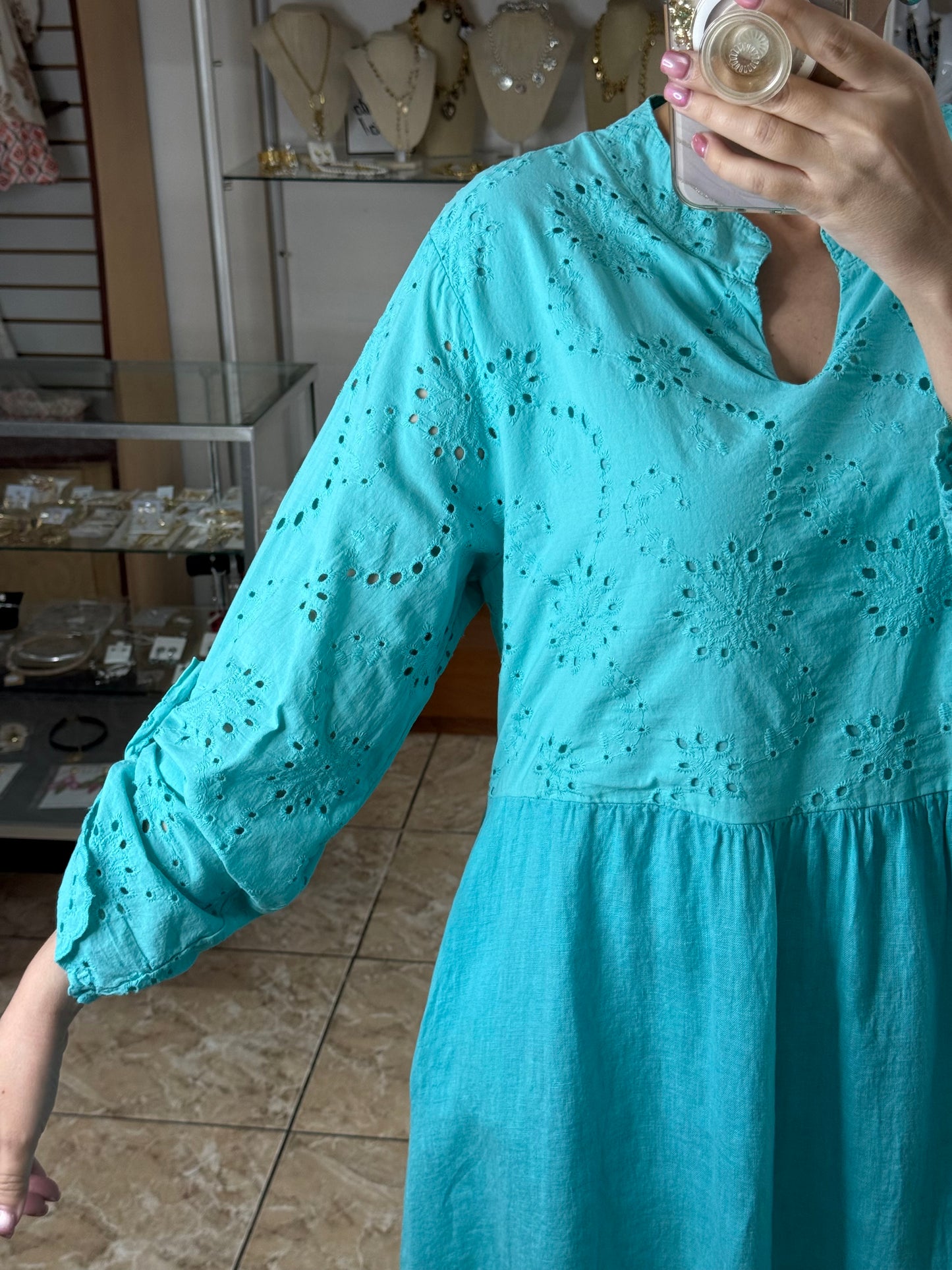 Linen/Eyelet OS Maxi Dress (FINAL SALE)