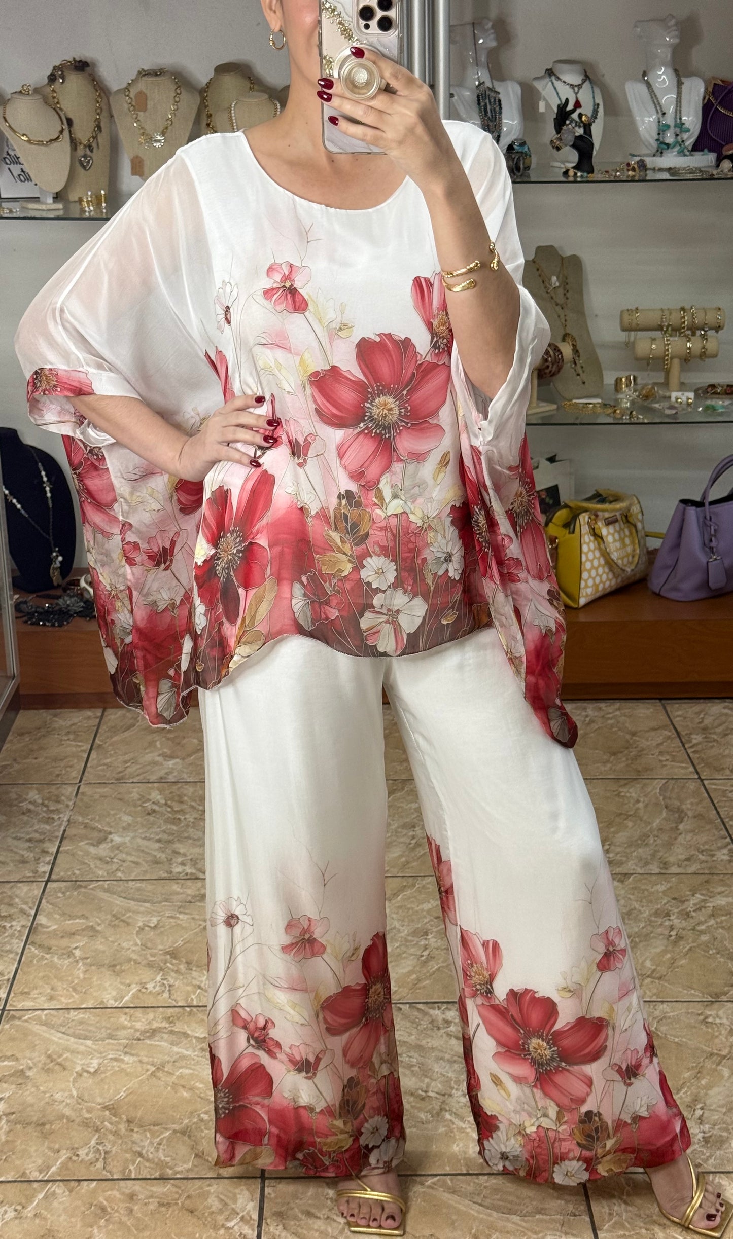 Red Flowers OS Silk Pant Set (FINAL SALE)
