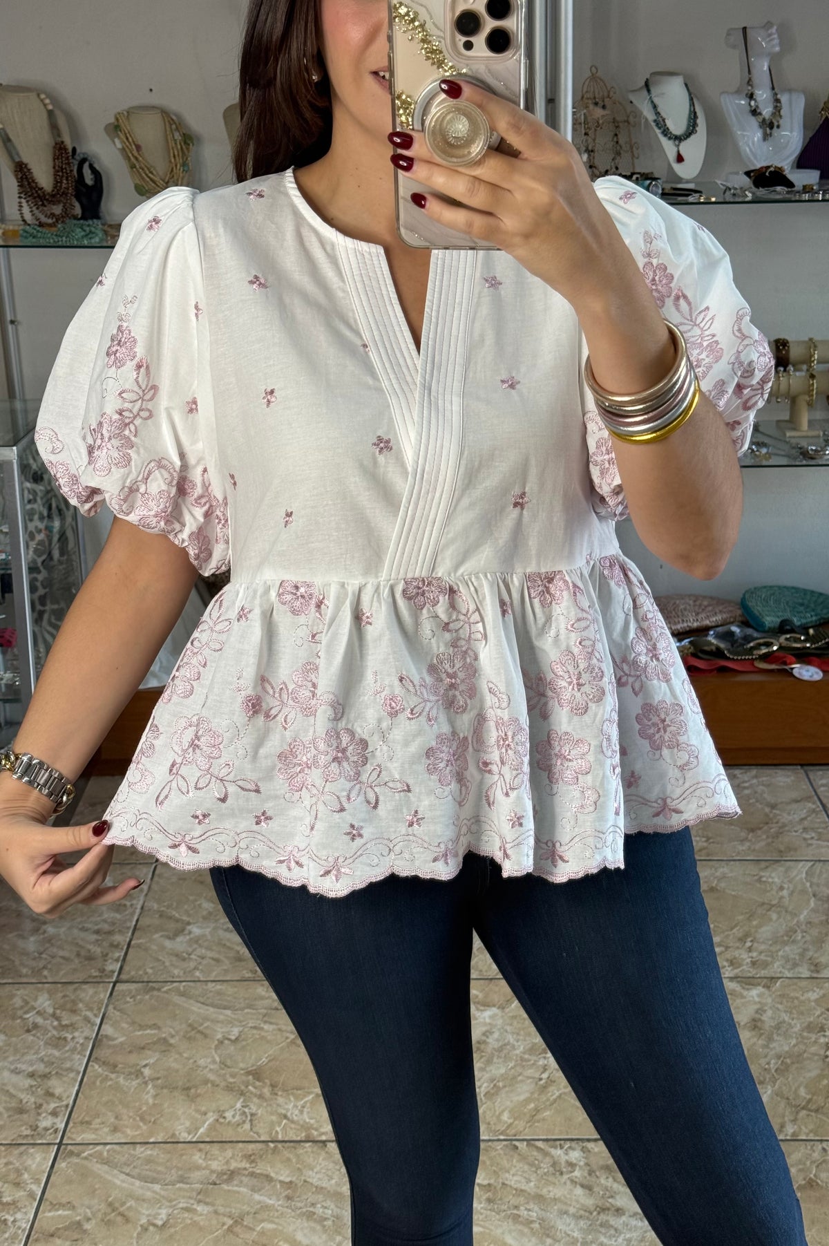 Puff Sleeve Peplum Embroidered Top