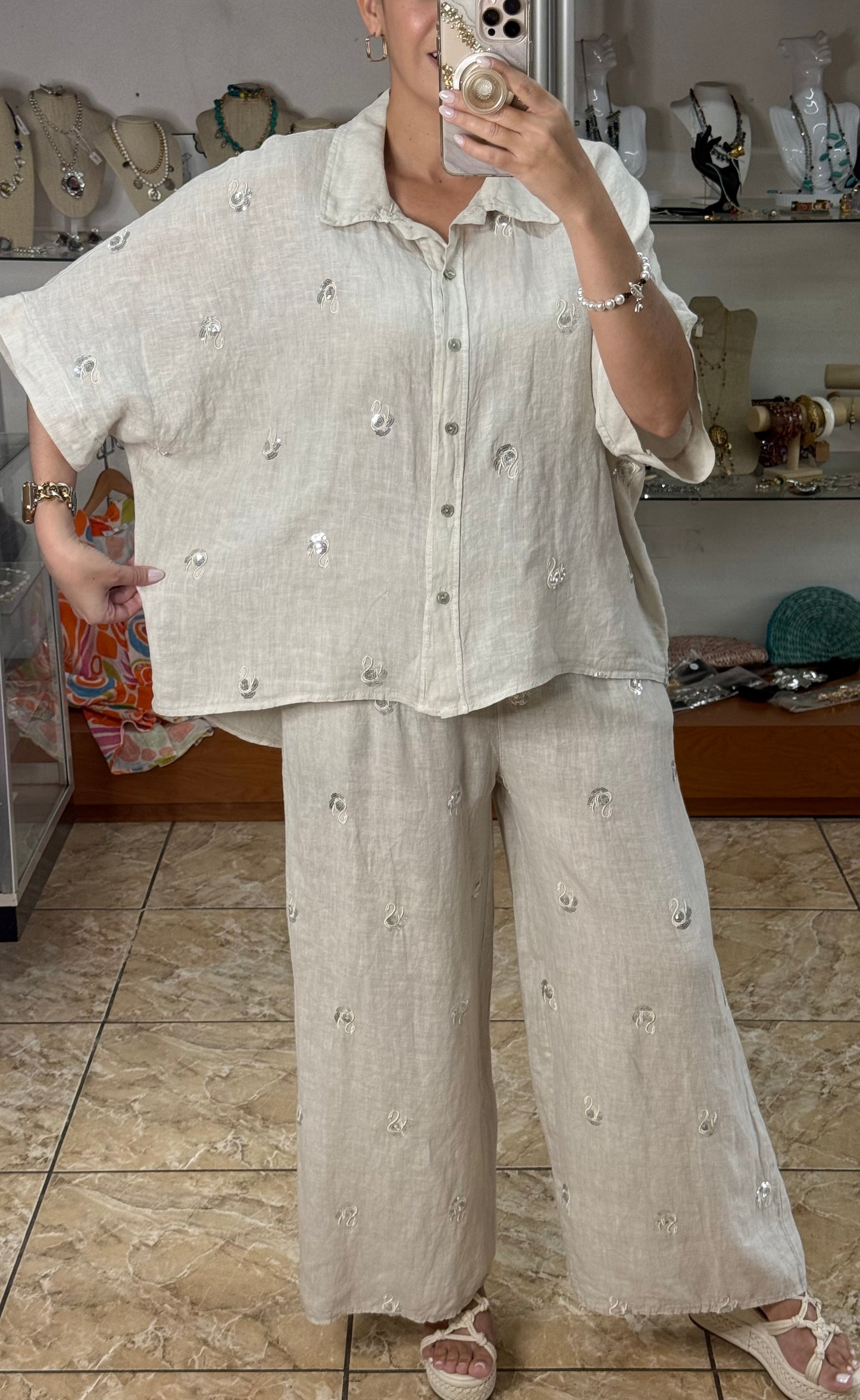 Swans Sequins OS Linen Pant Set (NO RETURNS OR EXCHANGE)