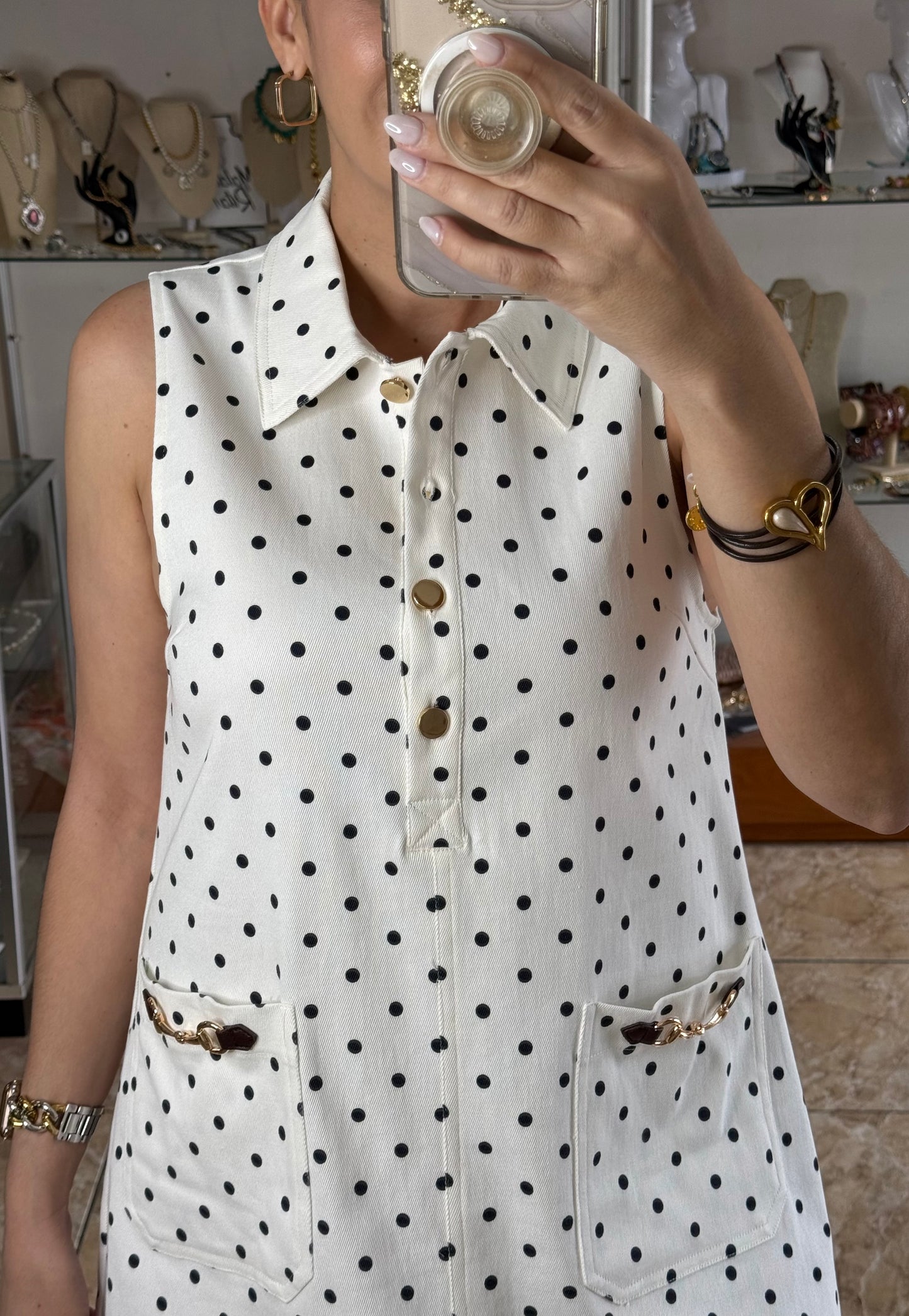 Polkadots Gold Buttons Mini Dress (NO RETURNS OR EXCHANGE)