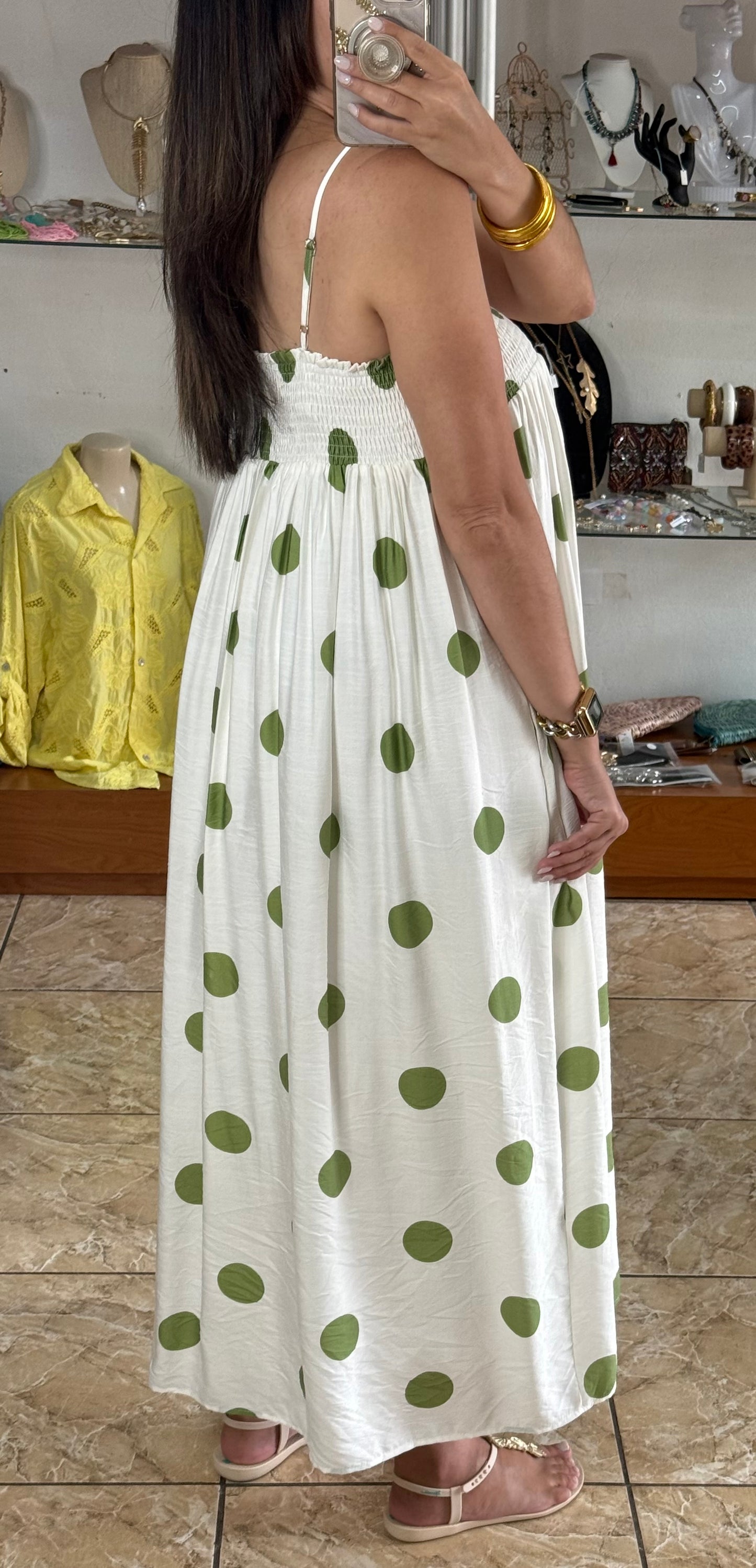 Cream/Green Polkadot Dress