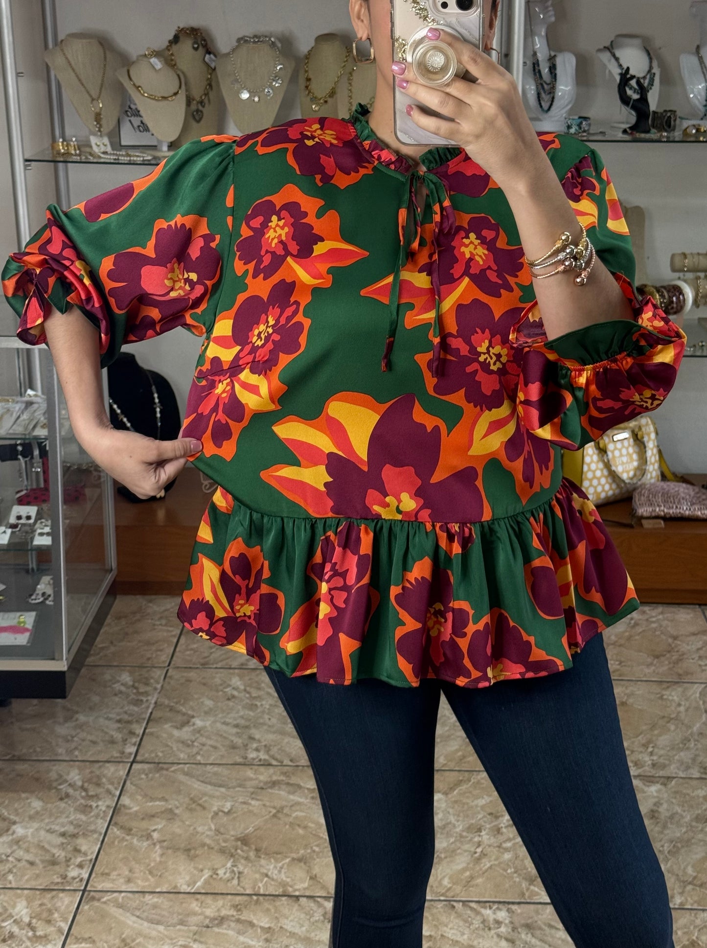 Green Floral Satin Top