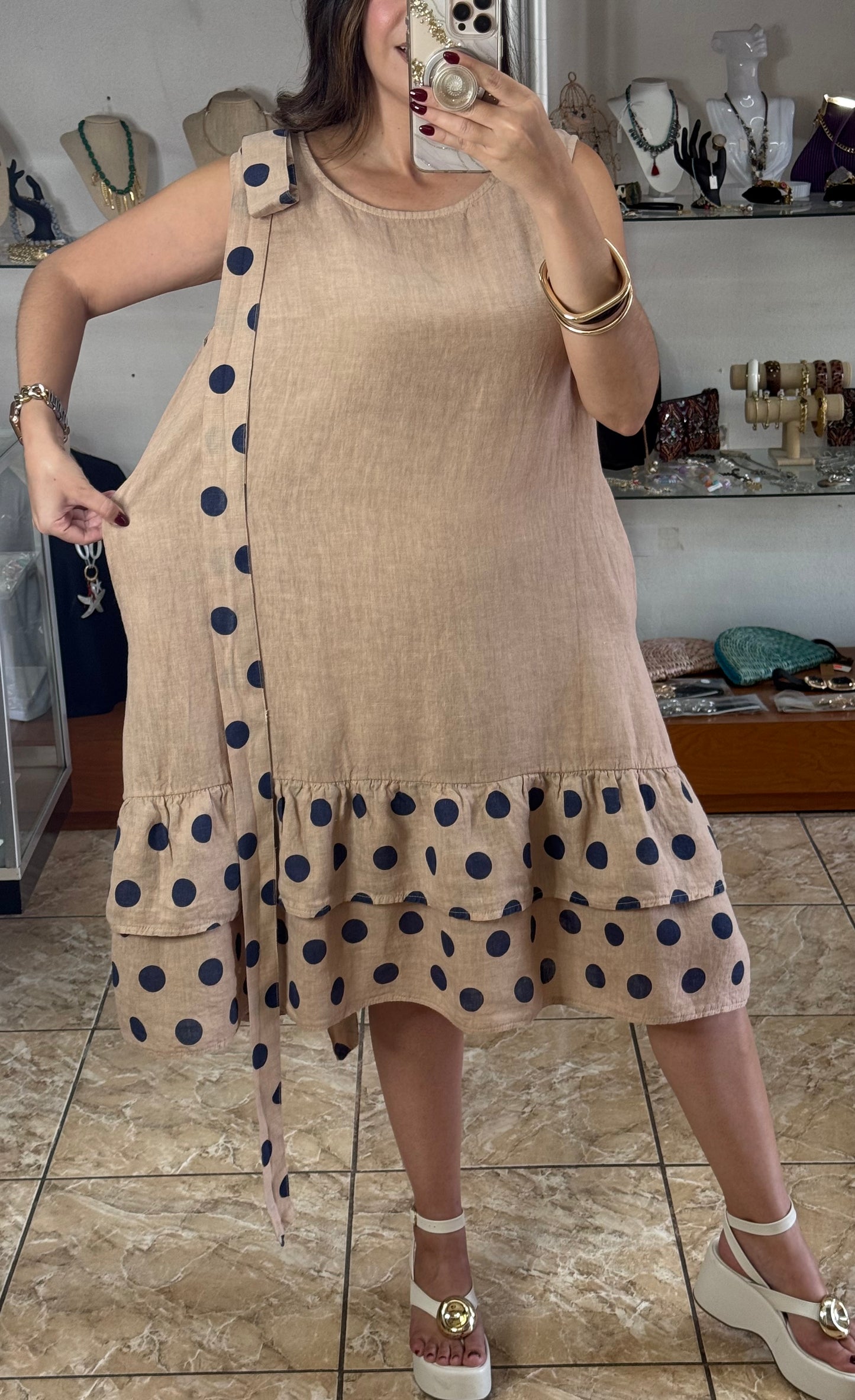 Navy Polkadots OS Linen Short Dress (NO RETURNS OR EXCHANGE)