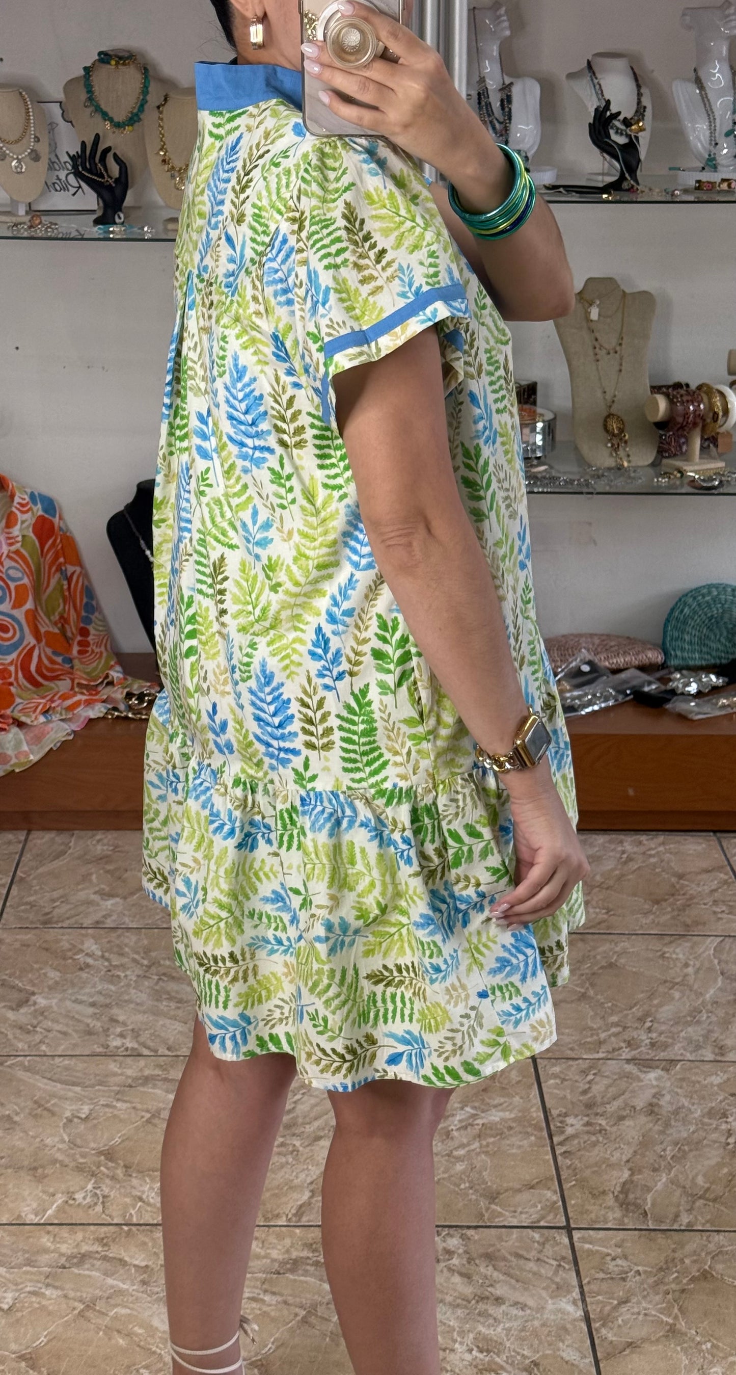 Green Mix Leaves Mini Dress